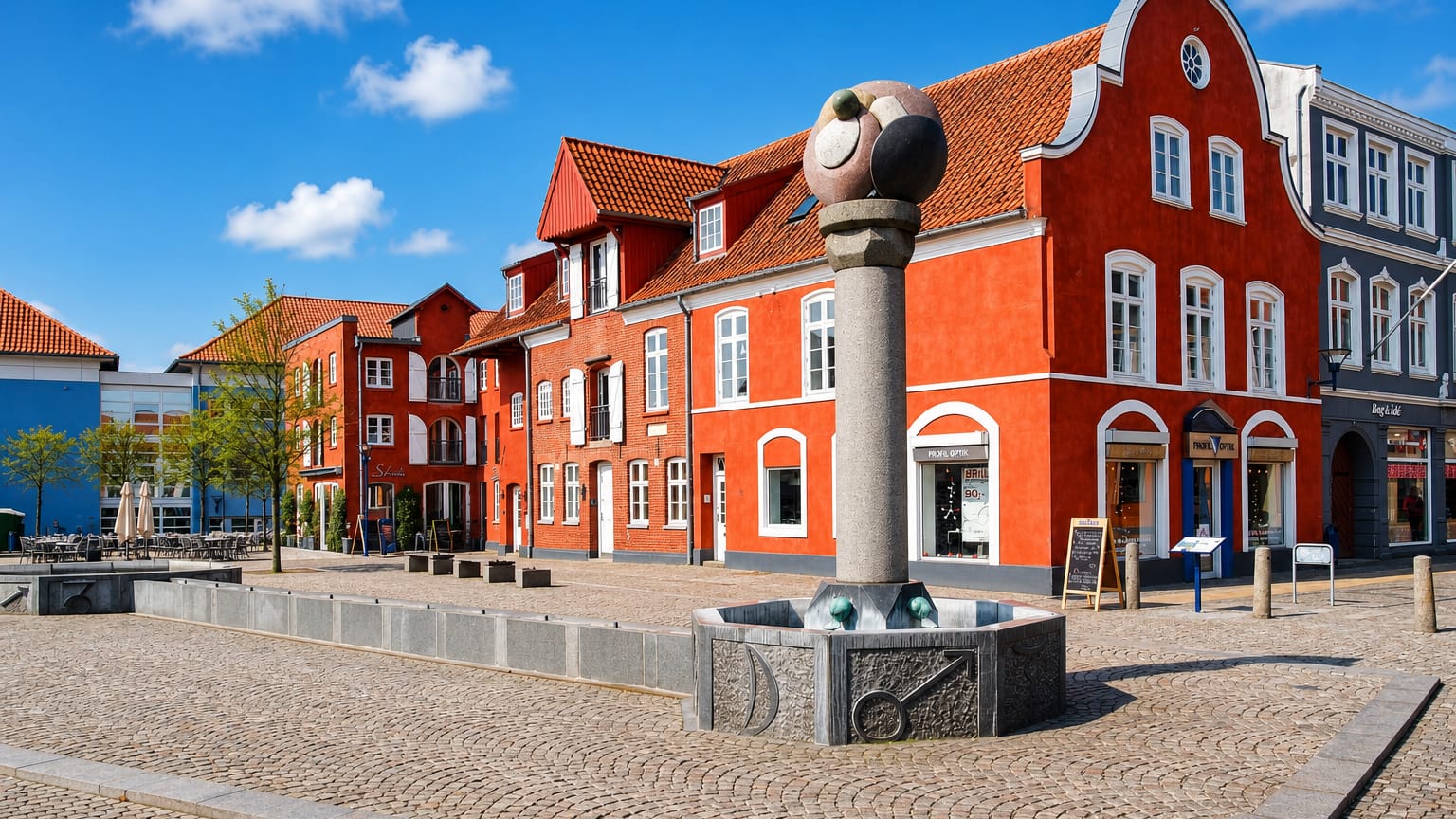 Cobbled town square with red gabled houses and a sculpture-topped fountain in Aabenraa, Denmark