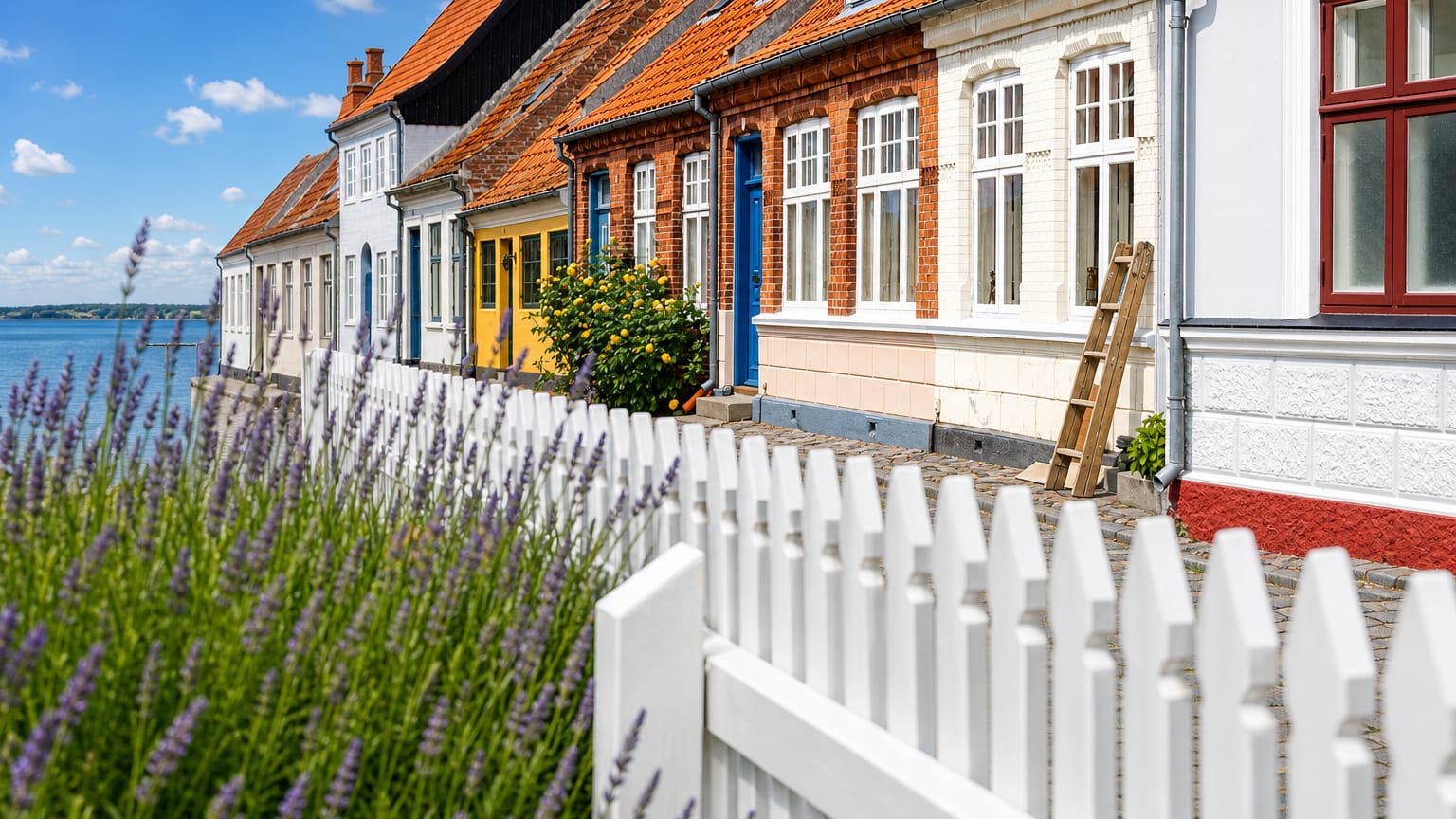 Ærøskøbing, Denmark, a cobbled lane of colourful old houses with a white picket fence and lavender.
