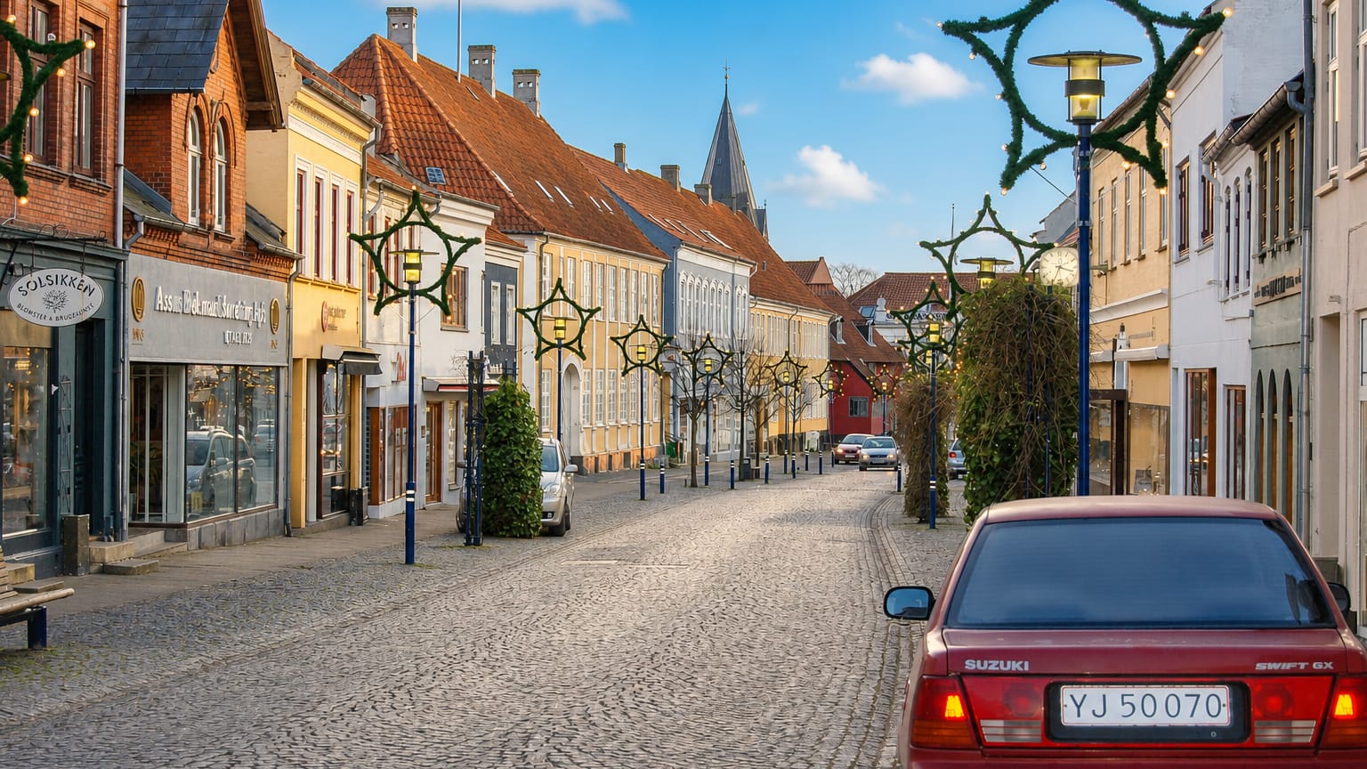 Cobbled historic street with pastel townhouses and star decorations in Assens, Denmark.