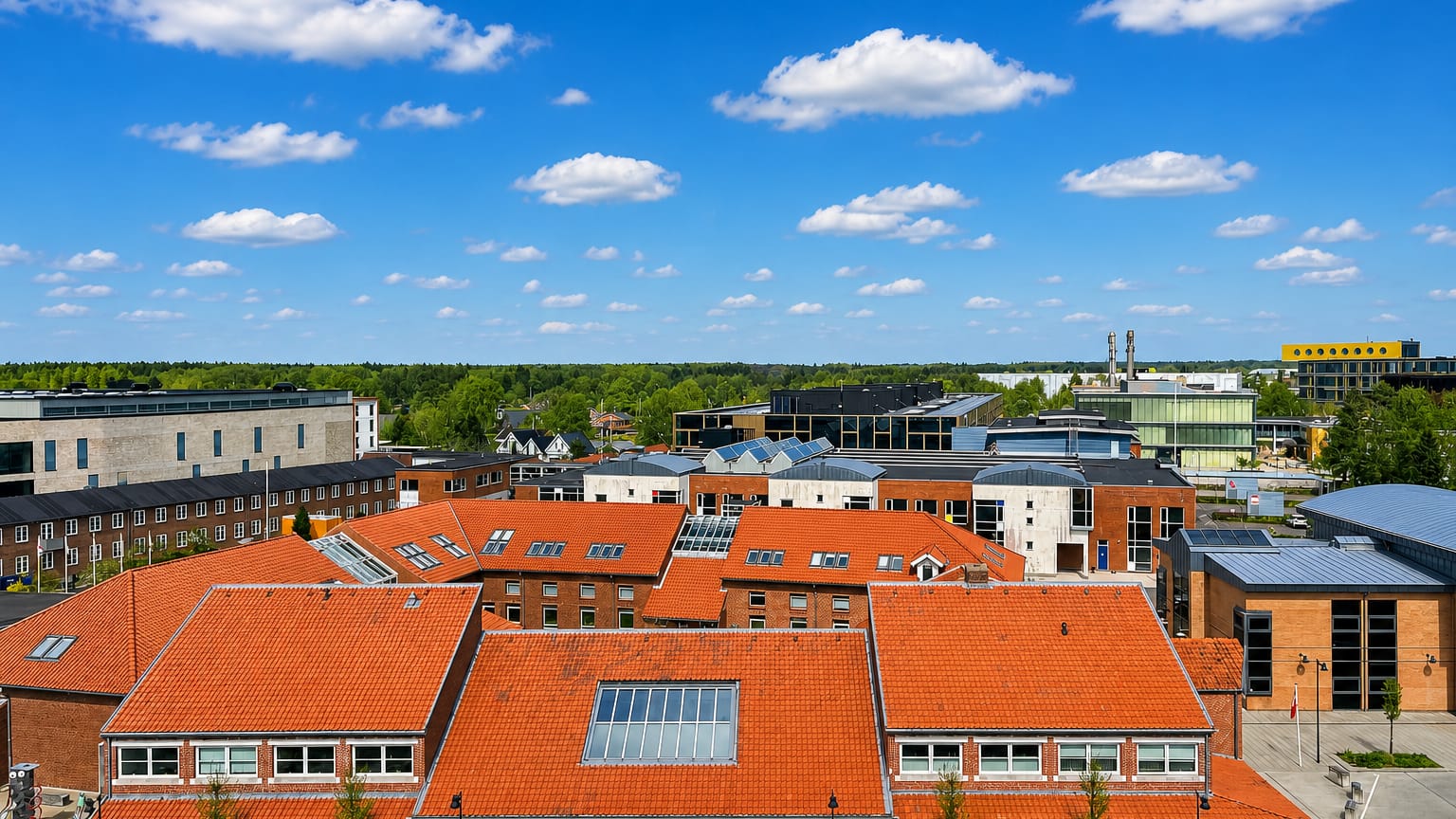 Aerial view over the red-tiled rooftops and modern buildings of Billund, Denmark, under a blue summer sky.