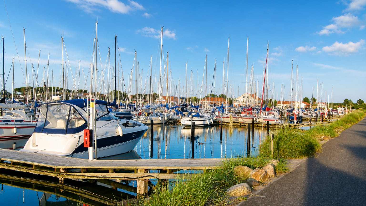 Marina full of moored sailboats with harbour buildings behind in Bogense, Denmark.