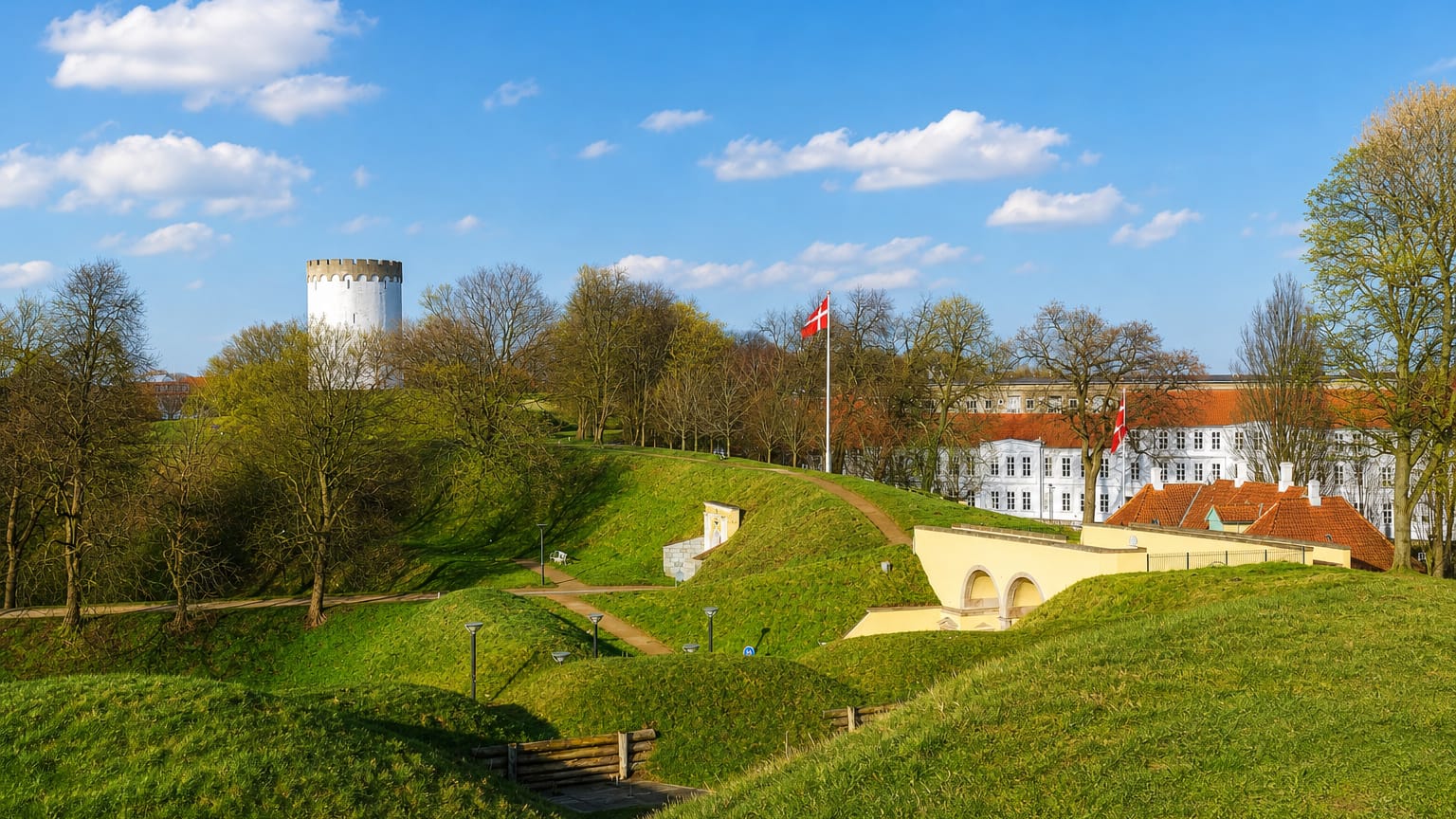 Fredericia's grassy fortress ramparts with the White Water Tower and Danish flag under blue sky