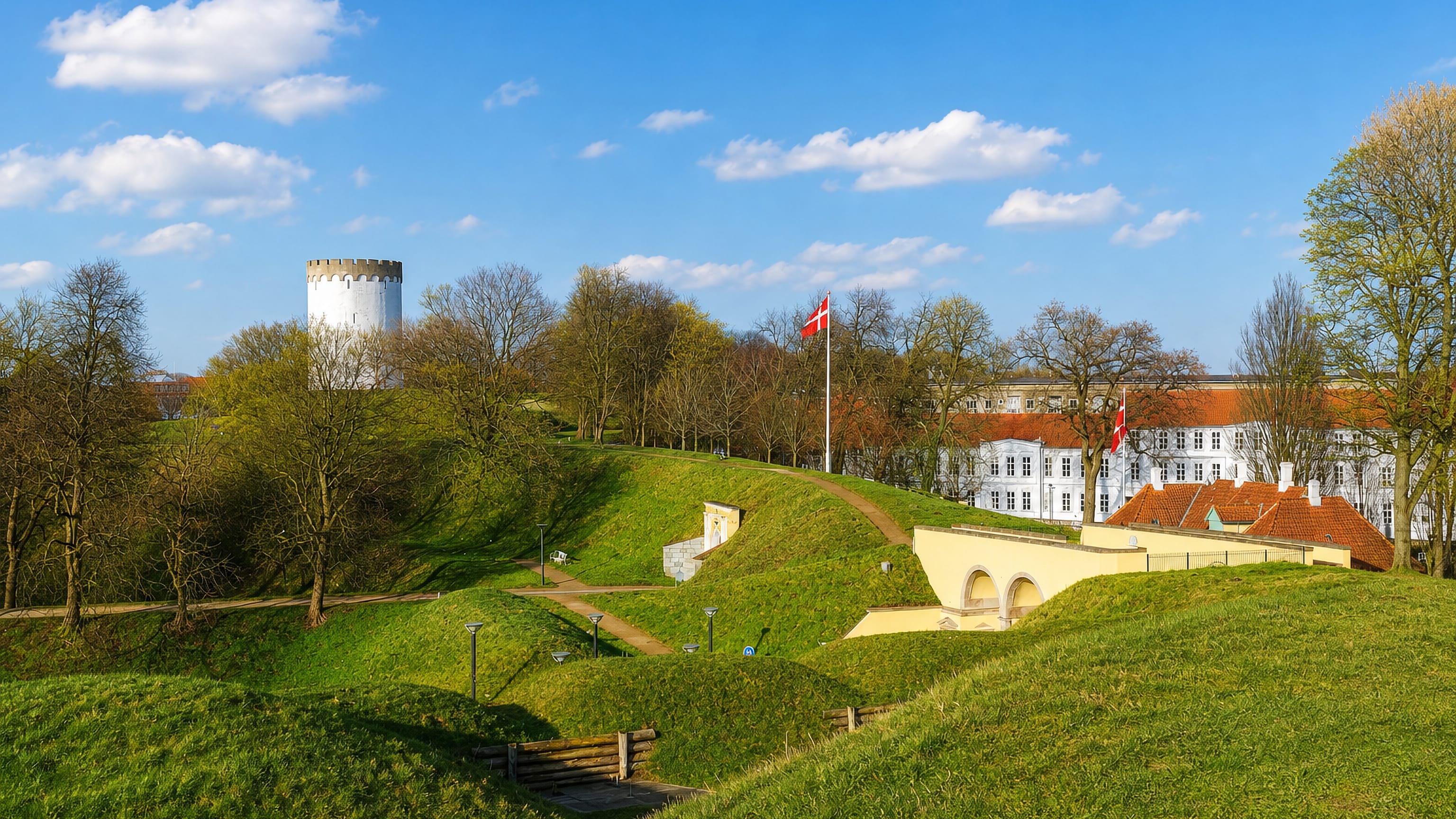 Fredericia's grassy fortress ramparts with the White Water Tower and Danish flag under blue sky