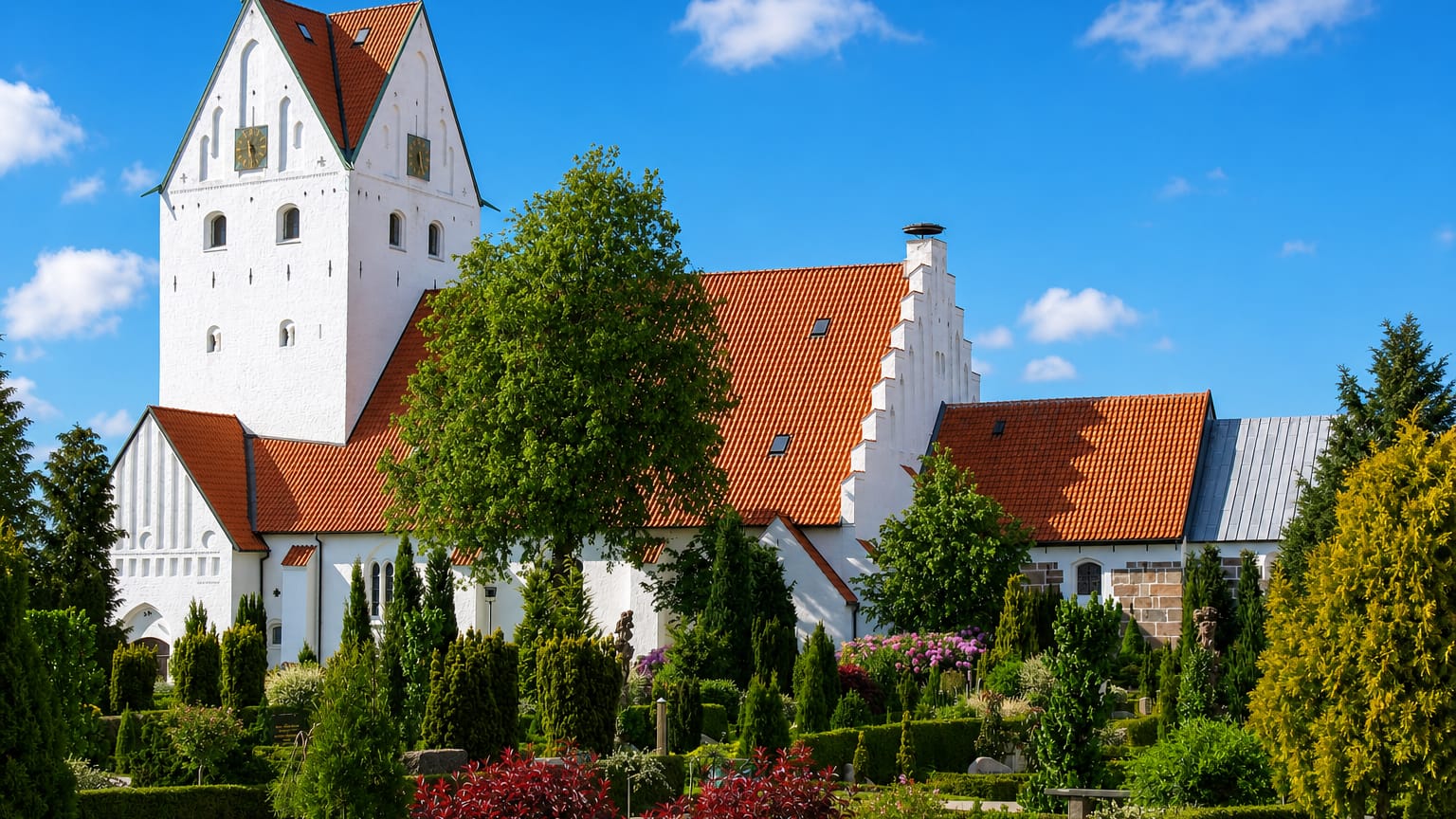 Whitewashed Grindsted church with stepped gables and a red-tiled roof above a landscaped churchyard, Denmark.