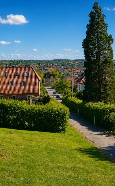 Green hillside garden path above Haderslev with red-roofed houses and the town's rooftops in the distance