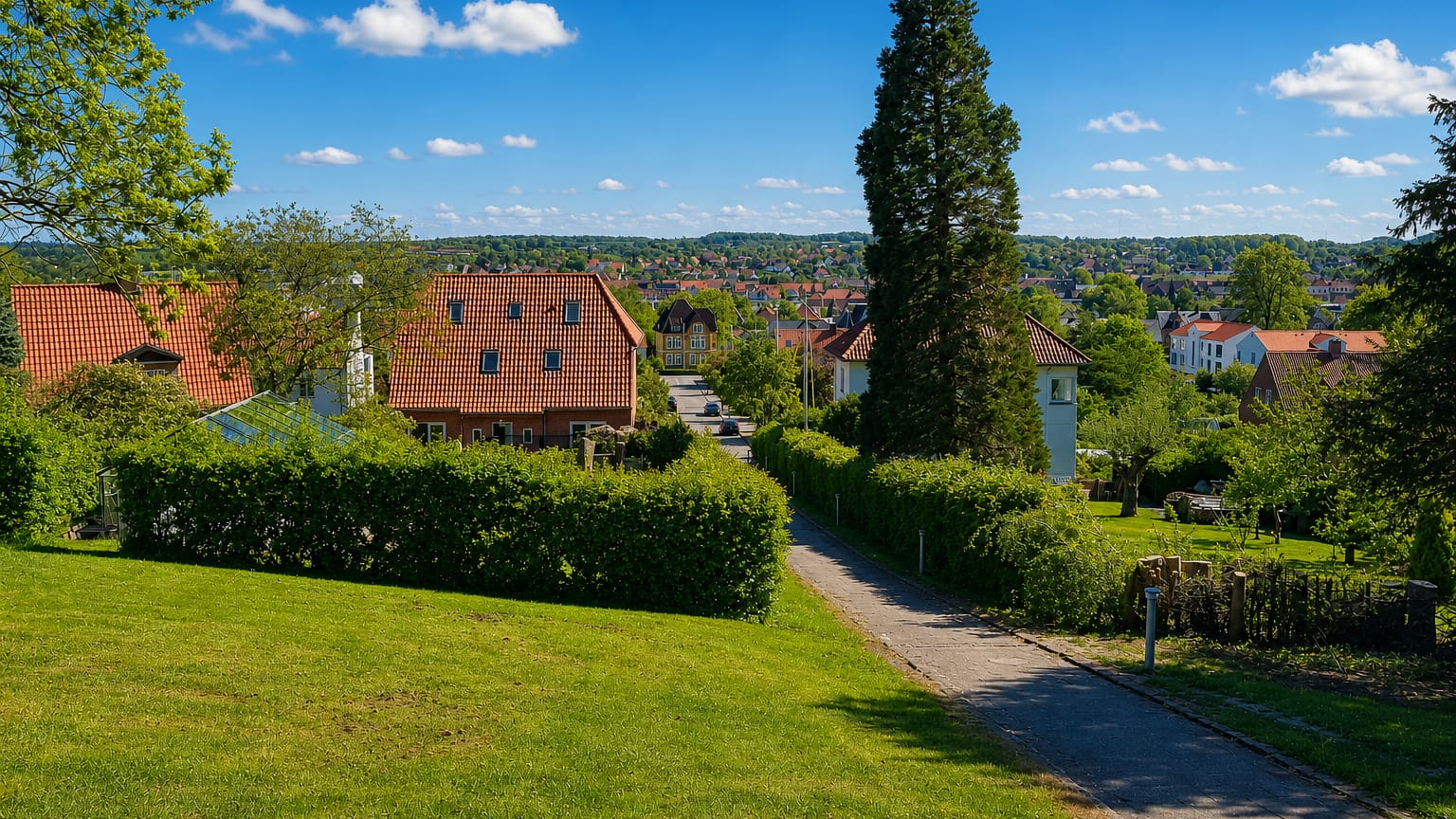 Green hillside garden path above Haderslev with red-roofed houses and the town's rooftops in the distance