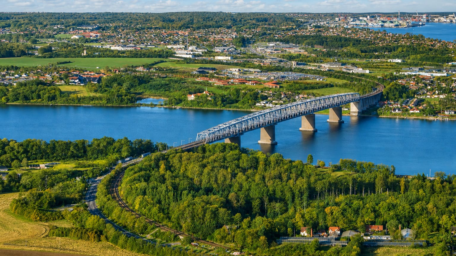 Aerial view of the Little Belt bridge crossing to Middelfart, Denmark over blue water