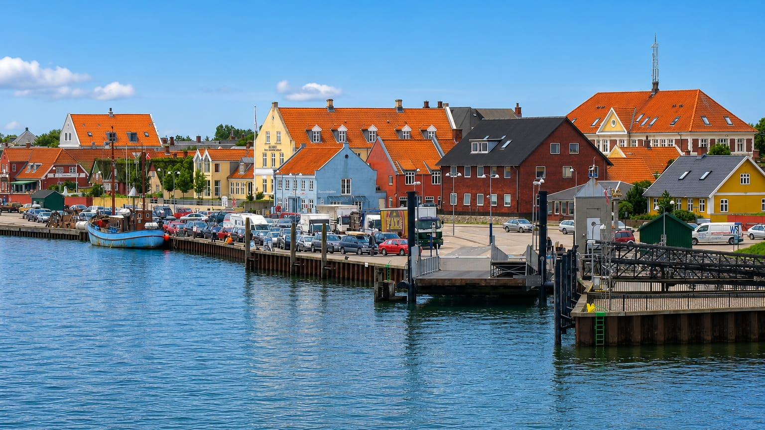 Colourful gabled houses and a moored fishing boat along Nordby's harbour and ferry berth on Fanø under a clear blue sky.