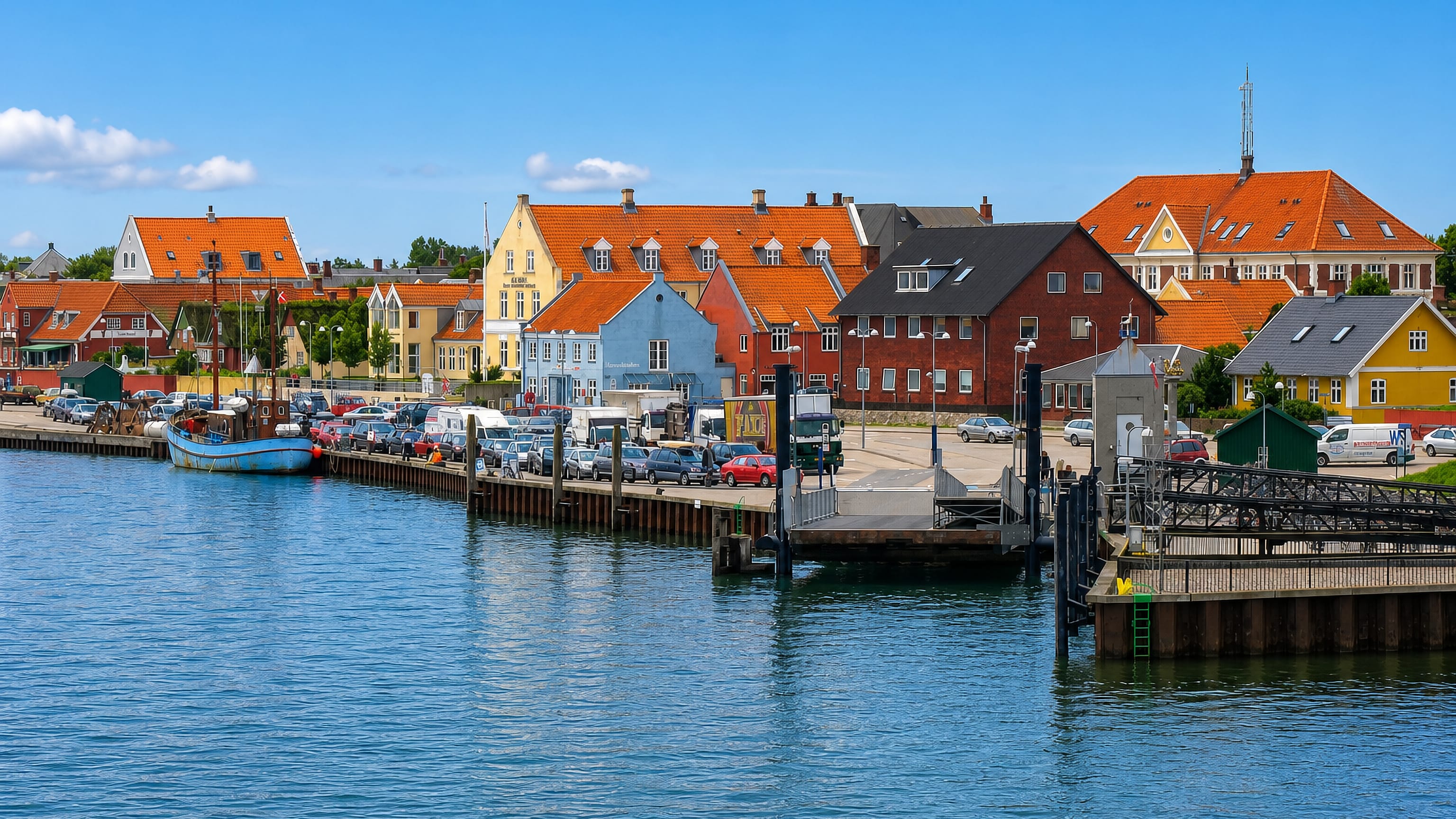 Colourful gabled houses and a moored fishing boat along Nordby's harbour and ferry berth on Fanø under a clear blue sky.