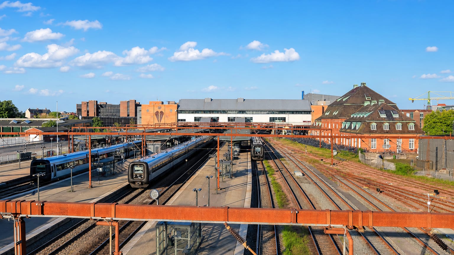 Odense railway station with commuter trains, tracks and city rooftops under a bright blue Danish sky.