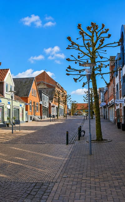 A cobbled pedestrian shopping street lined with brick shops and pollarded trees in central Ringe, Denmark.
