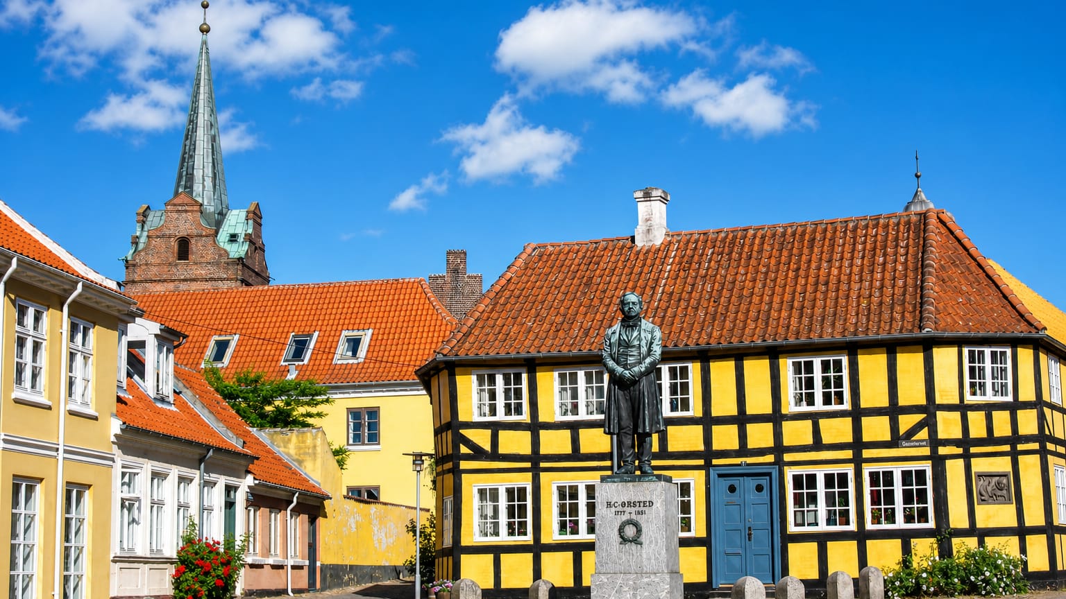 The H.C. Orsted statue before a yellow half-timbered house and church spire in Rudkobing, Denmark.