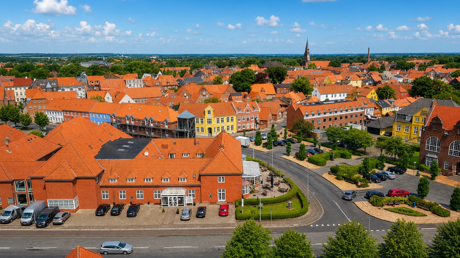 Aerial view of Tønder, Denmark with red-tiled roofs, brick buildings and a distant church spire