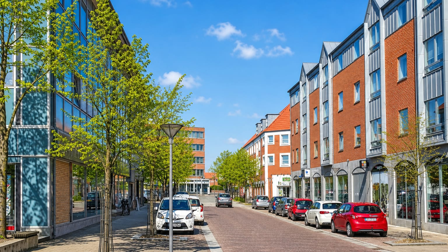 Vejen's modern pedestrian street with glass and red-brick buildings, young trees and parked cars in summer.