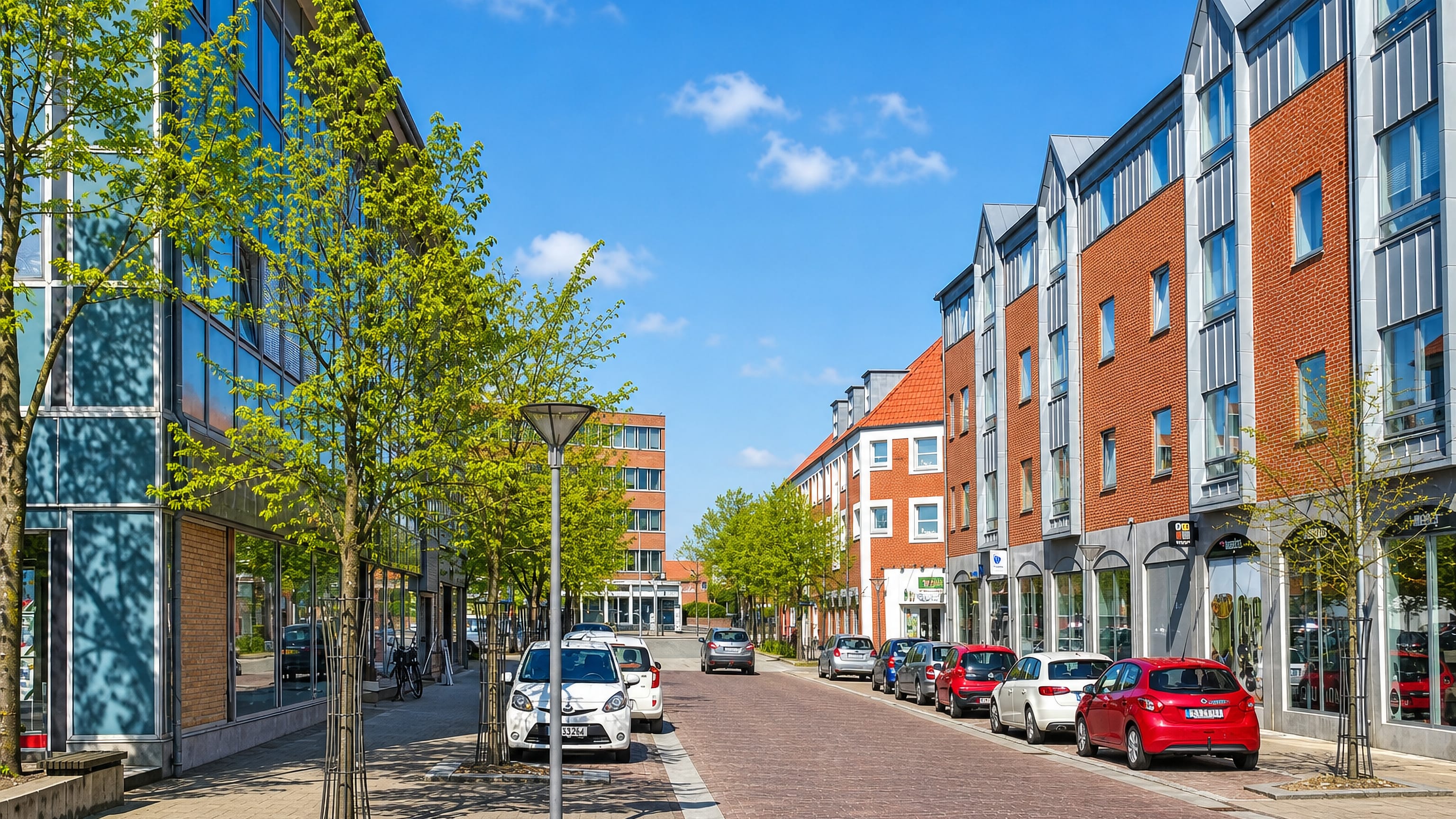 Vejen's modern pedestrian street with glass and red-brick buildings, young trees and parked cars in summer.
