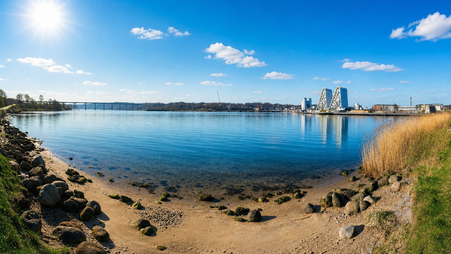 Beach on Vejle Fjord, Denmark, with the Wave waterfront apartments and fjord bridge across the water
