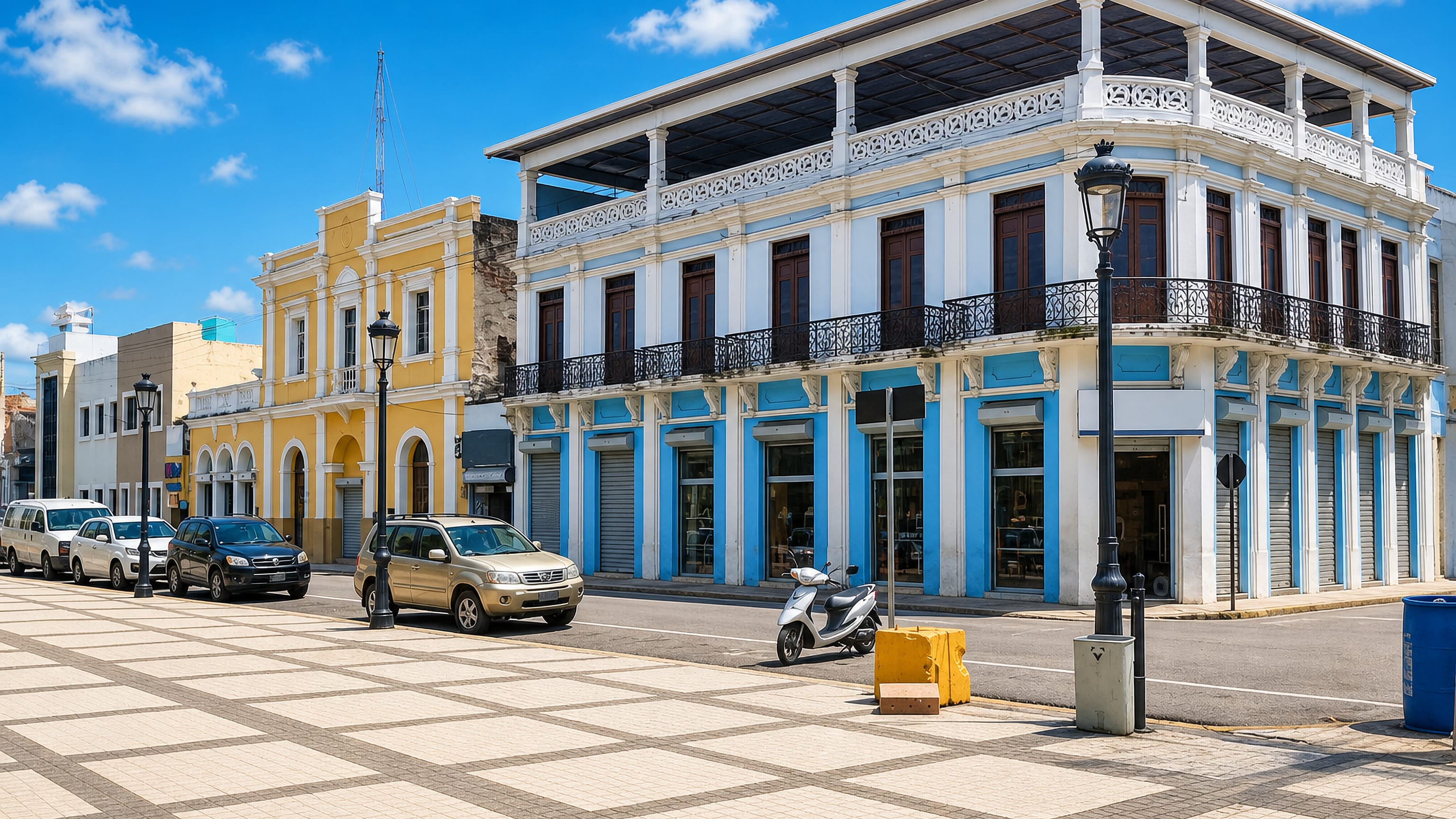 Colonial corner buildings with iron balconies facing a tiled plaza in La Vega, Dominican Republic.