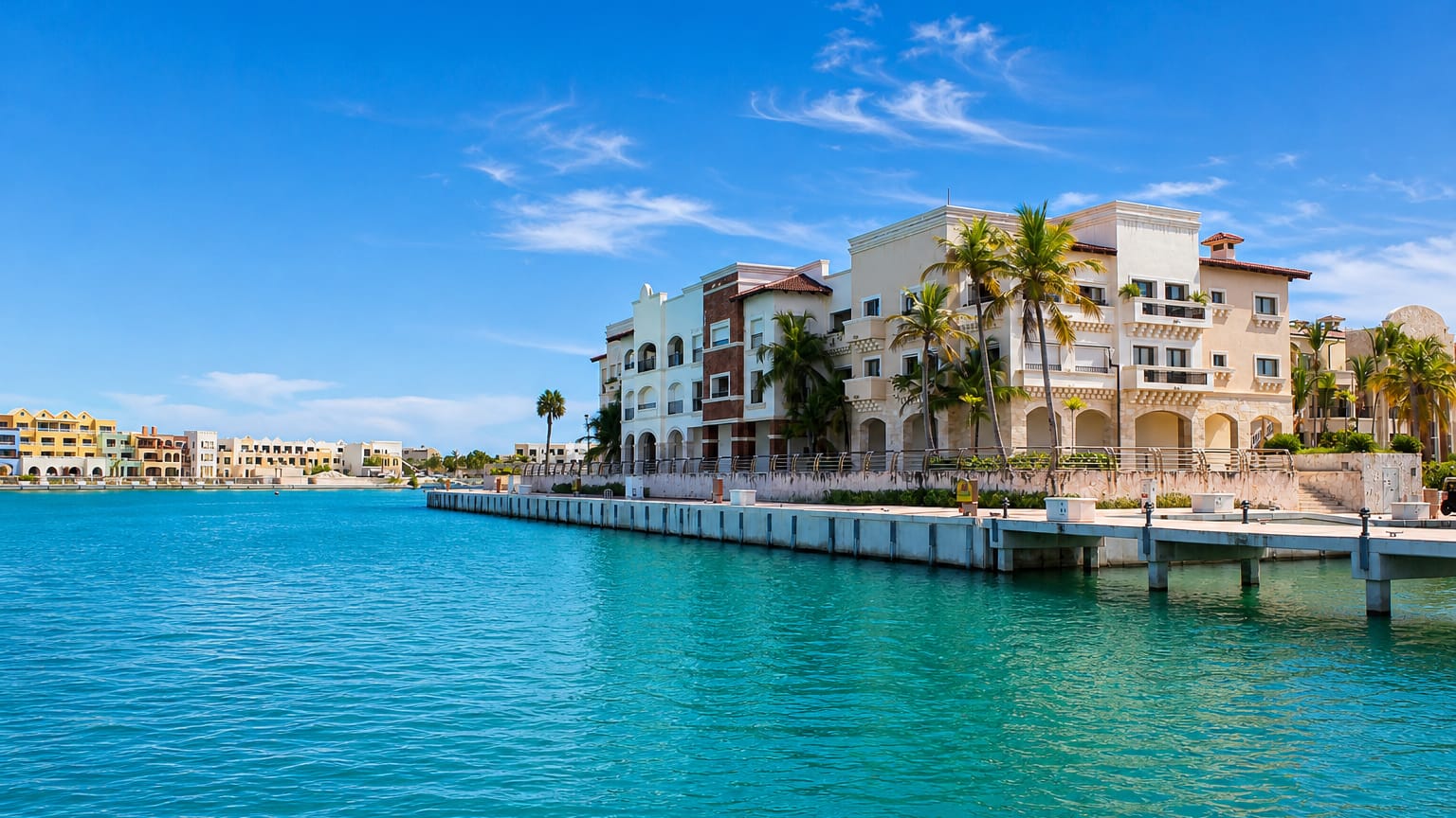 Turquoise marina lined with Mediterranean-style resort buildings and palms in Punta Cana, Dominican Republic