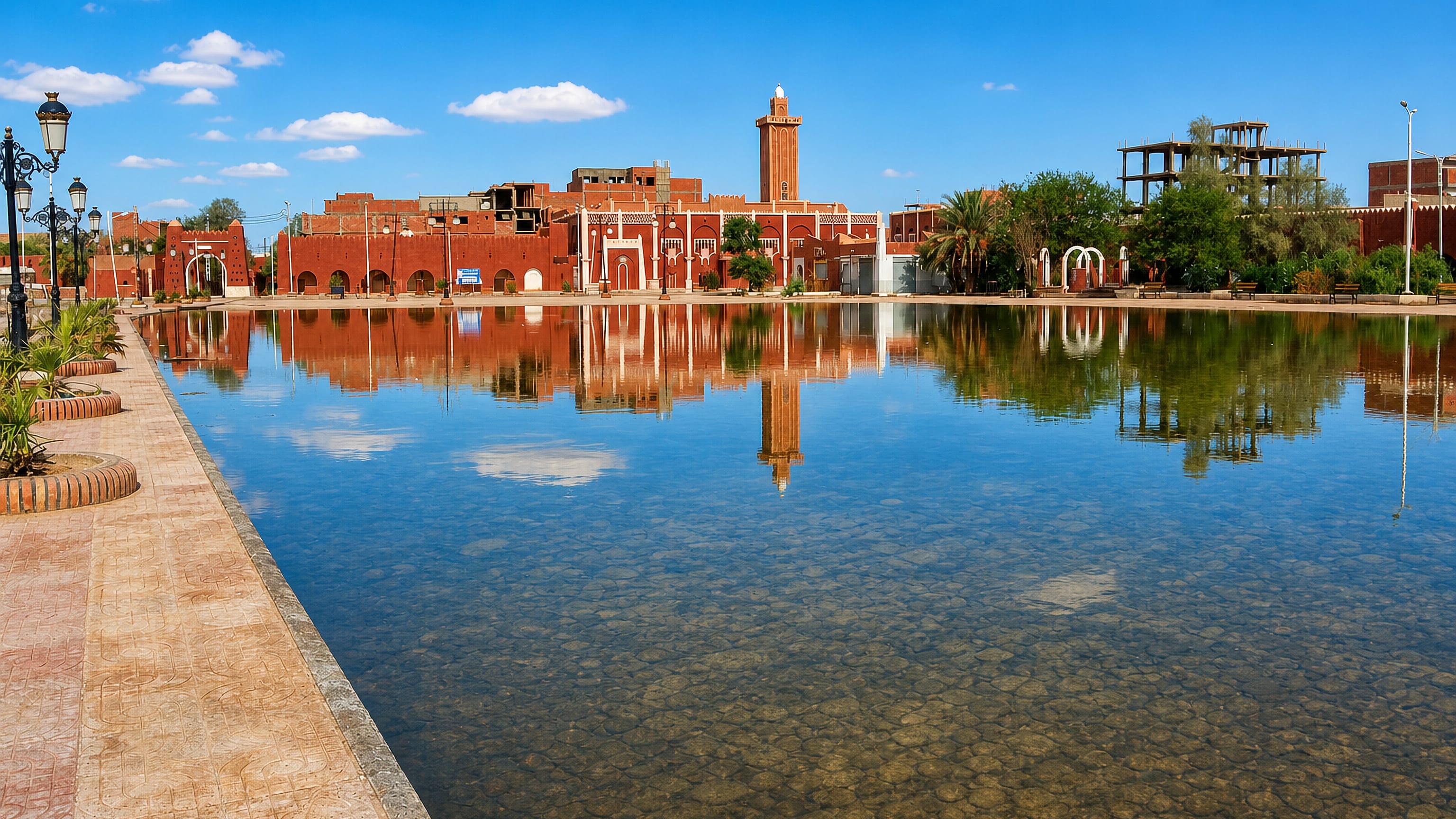 Red-earth buildings and a minaret in Adrar, Algeria, mirrored in the still water of a town basin.