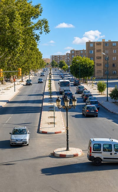 Tree-lined boulevard through M'Sila, Algeria, with sand-coloured apartment blocks and light midday traffic.
