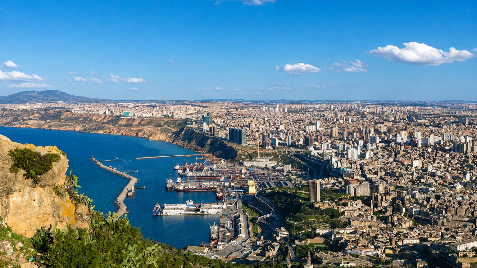 Aerial view of Oran's Mediterranean harbour, ships and hillside cityscape under a blue sky