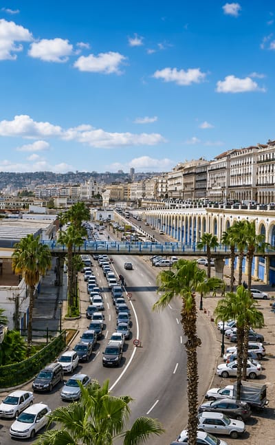 Algiers waterfront with its white arcaded boulevard buildings curving along the Bay of Algiers under a blue sky.