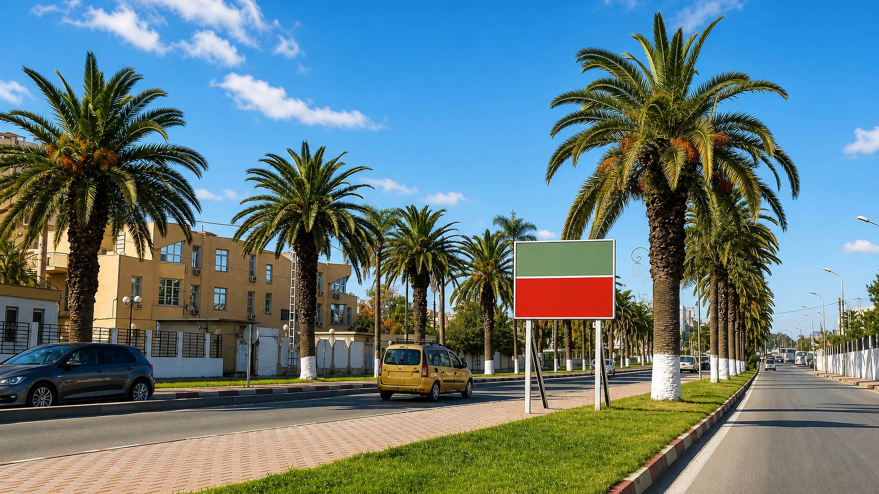 Palm-lined boulevard with apartment blocks and light traffic in Bab Ezzouar, a suburb of Algiers.