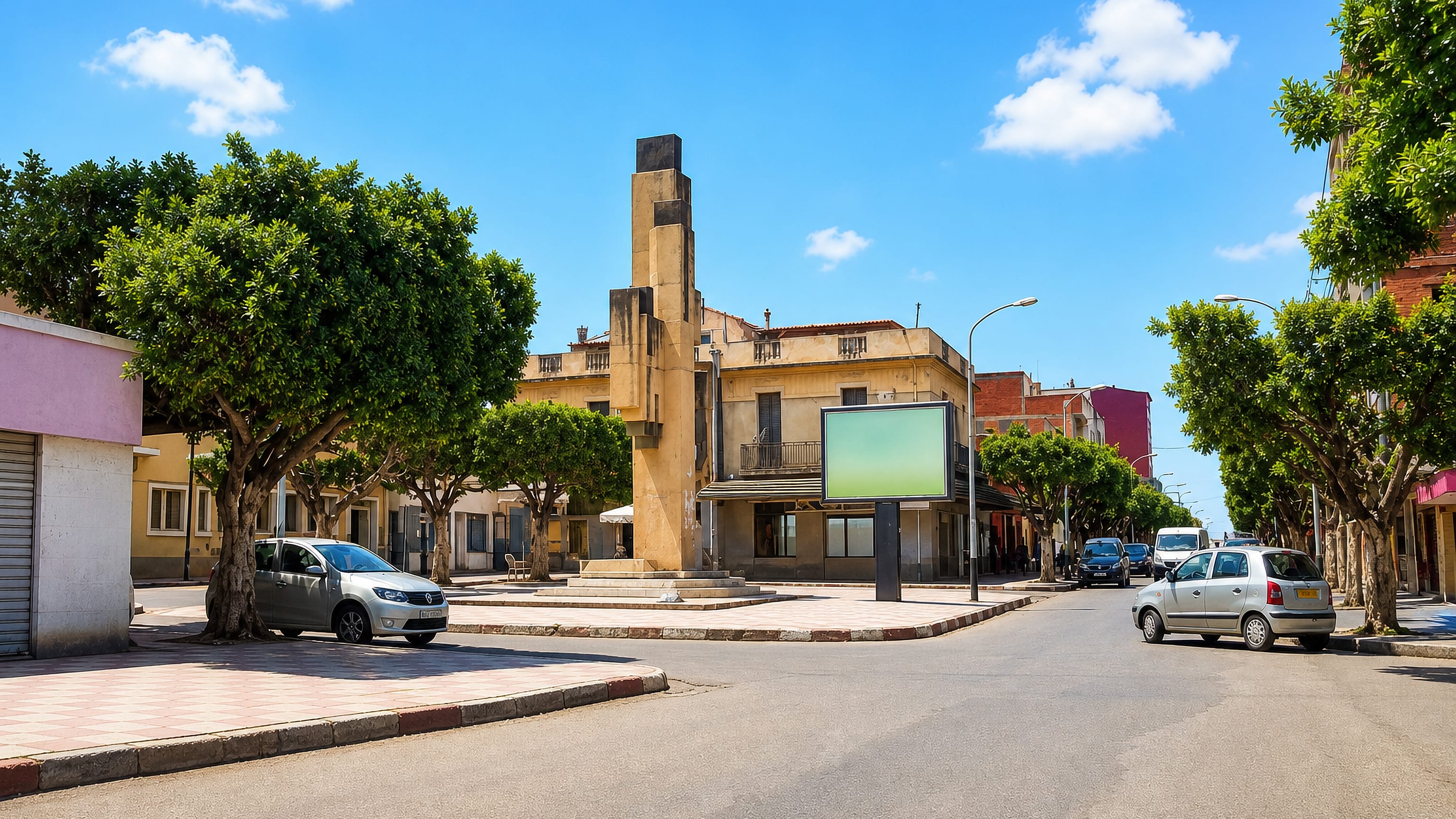 A quiet town-centre square with a stone monument and shady ficus trees in Ain Temouchent, Algeria.