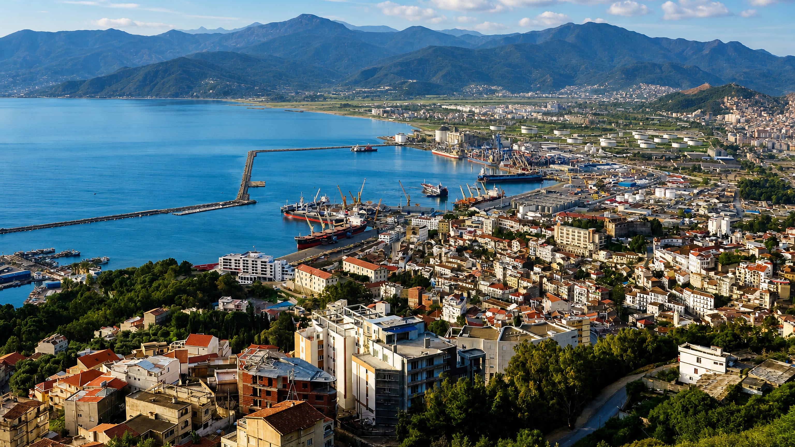 Aerial view over Béjaïa's Mediterranean bay, cargo port and hillside white houses backed by the Kabylie mountains.