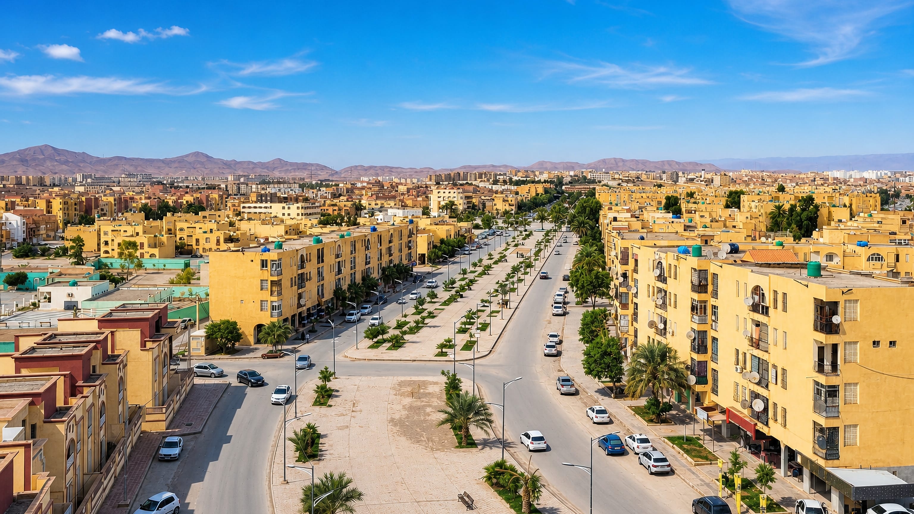 Palm-lined boulevard and ochre apartment blocks in Biskra, with the arid Aures foothills on the horizon.