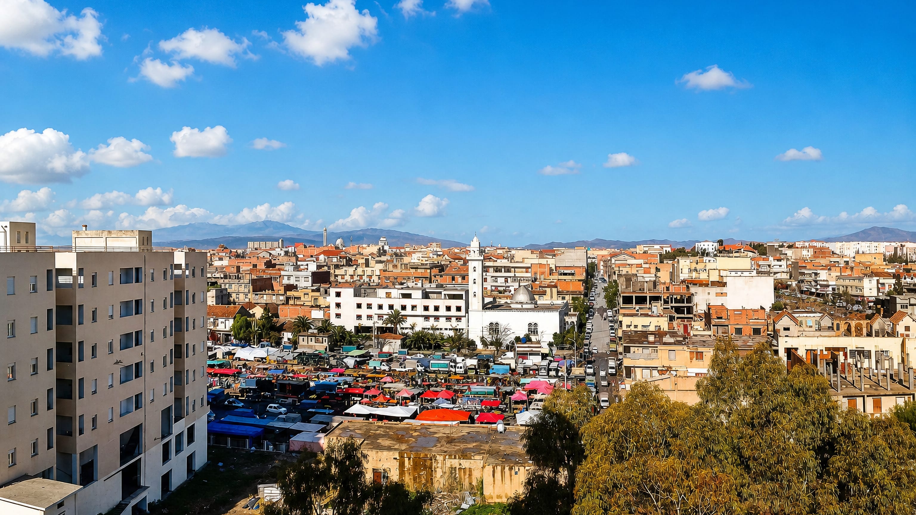 Rooftop view across Bordj Bou Arreridj, Algeria, with a white mosque, busy street market and mountains beyond.