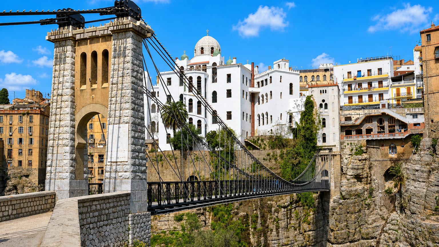 Constantine's Sidi M'Cid suspension bridge spanning the Rummel gorge below white hillside buildings