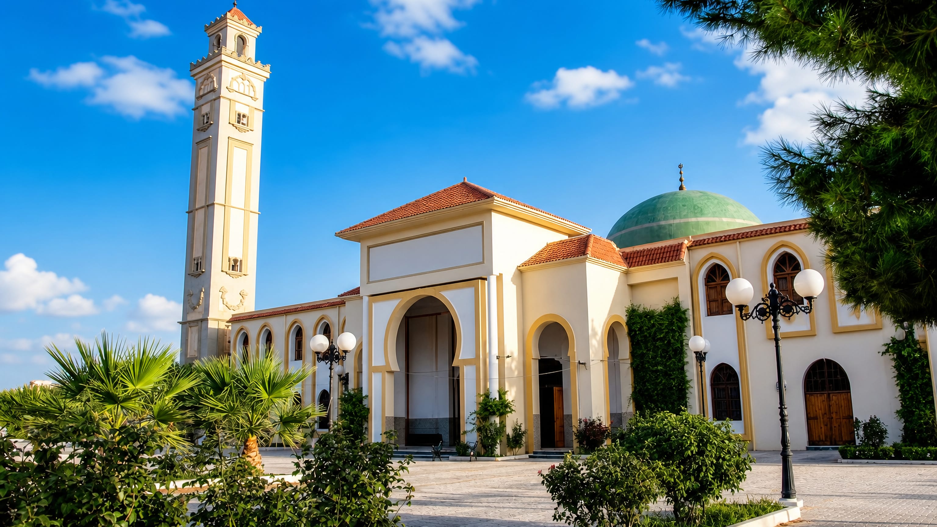 Green-domed mosque with a tall square minaret and palm-lined forecourt in Djelfa, Algeria.