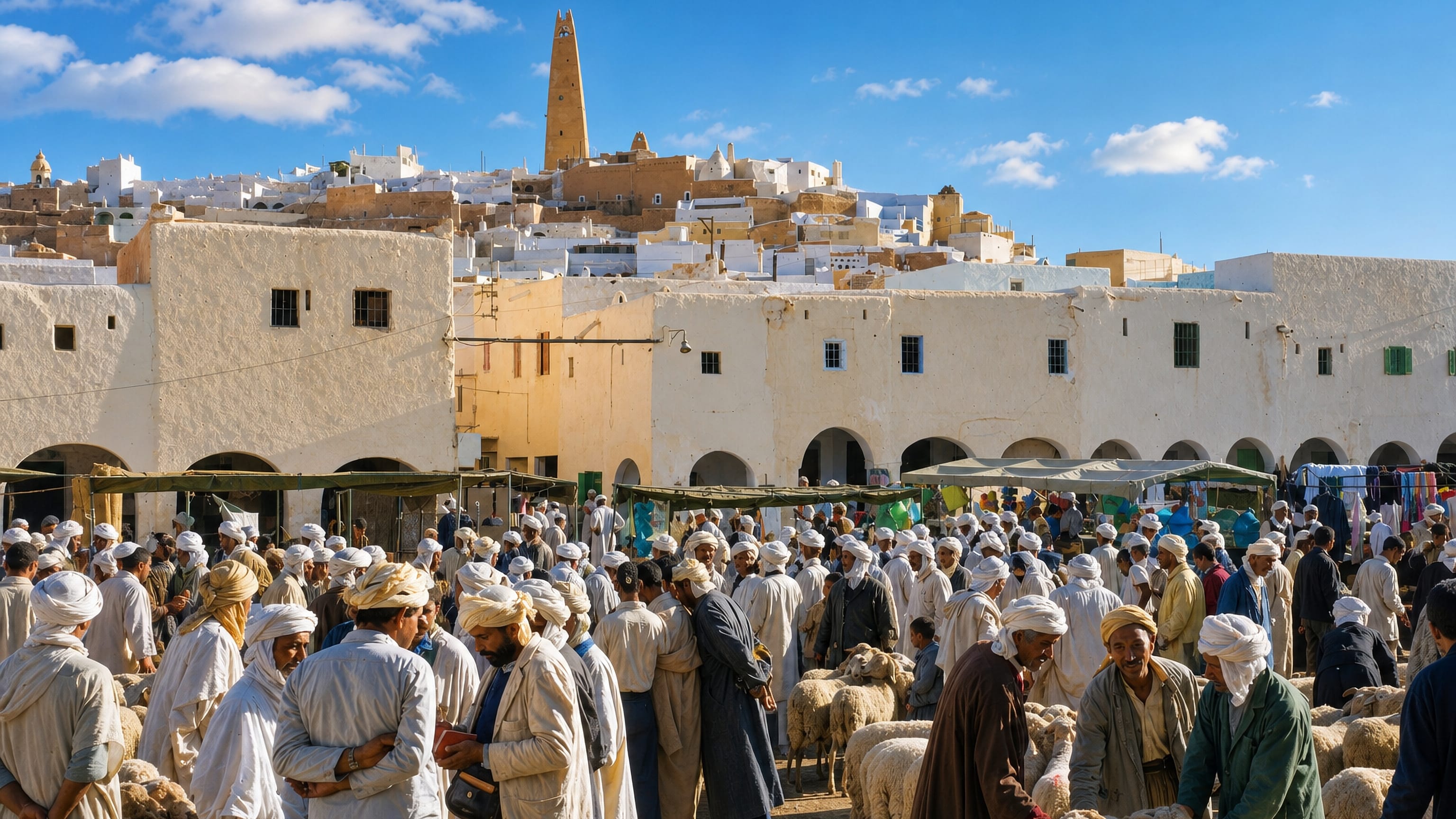Ghardaia's terraced white ksar and pyramidal minaret above the crowded livestock market in the M'Zab valley.