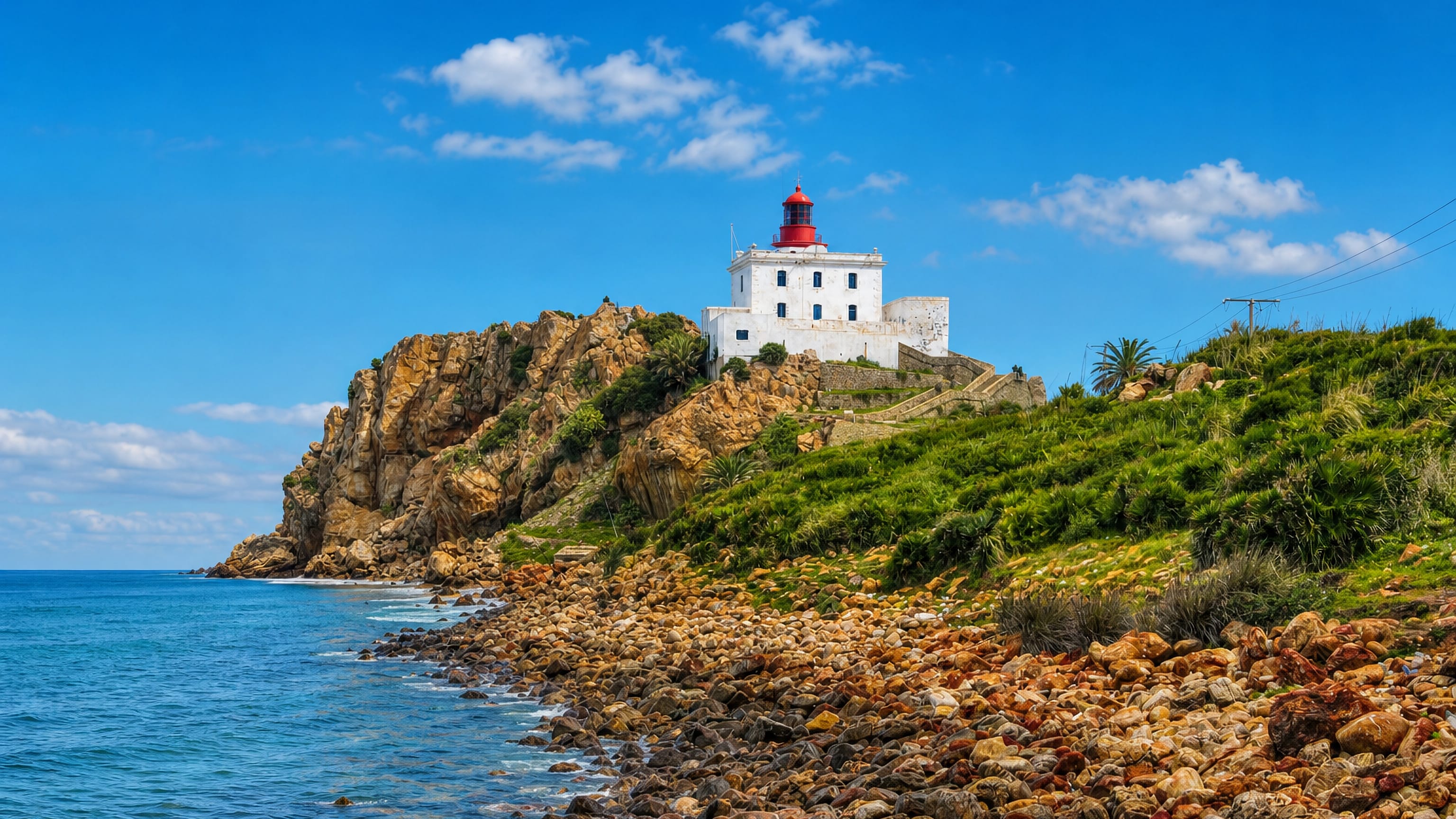 Whitewashed lighthouse on a rocky headland above the Mediterranean on the coast at Jijel, Algeria.