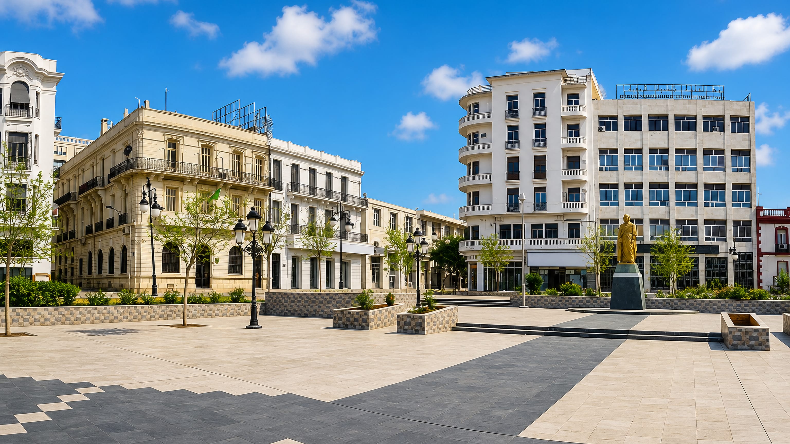 A paved central plaza framed by colonial-era buildings and a gilded statue in Mascara, Algeria.