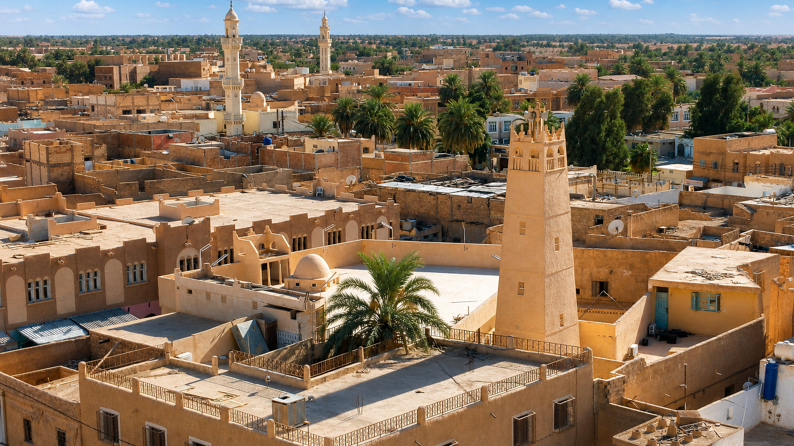 Sand-coloured mud-brick houses, palms and a tapered minaret in the old ksar of Ouargla, Algeria.