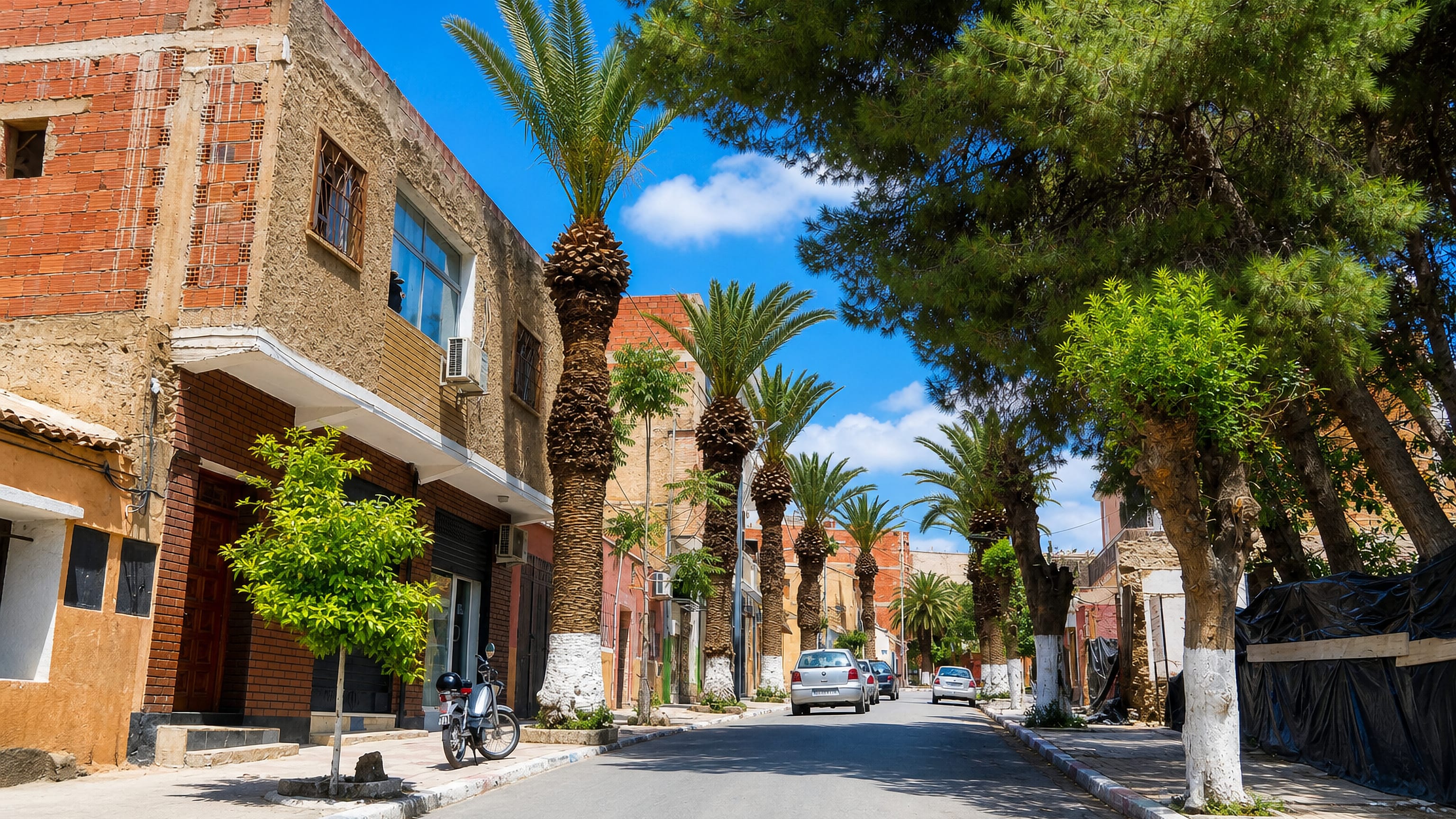 A palm-lined street of weathered low-rise buildings in Saïda, Algeria