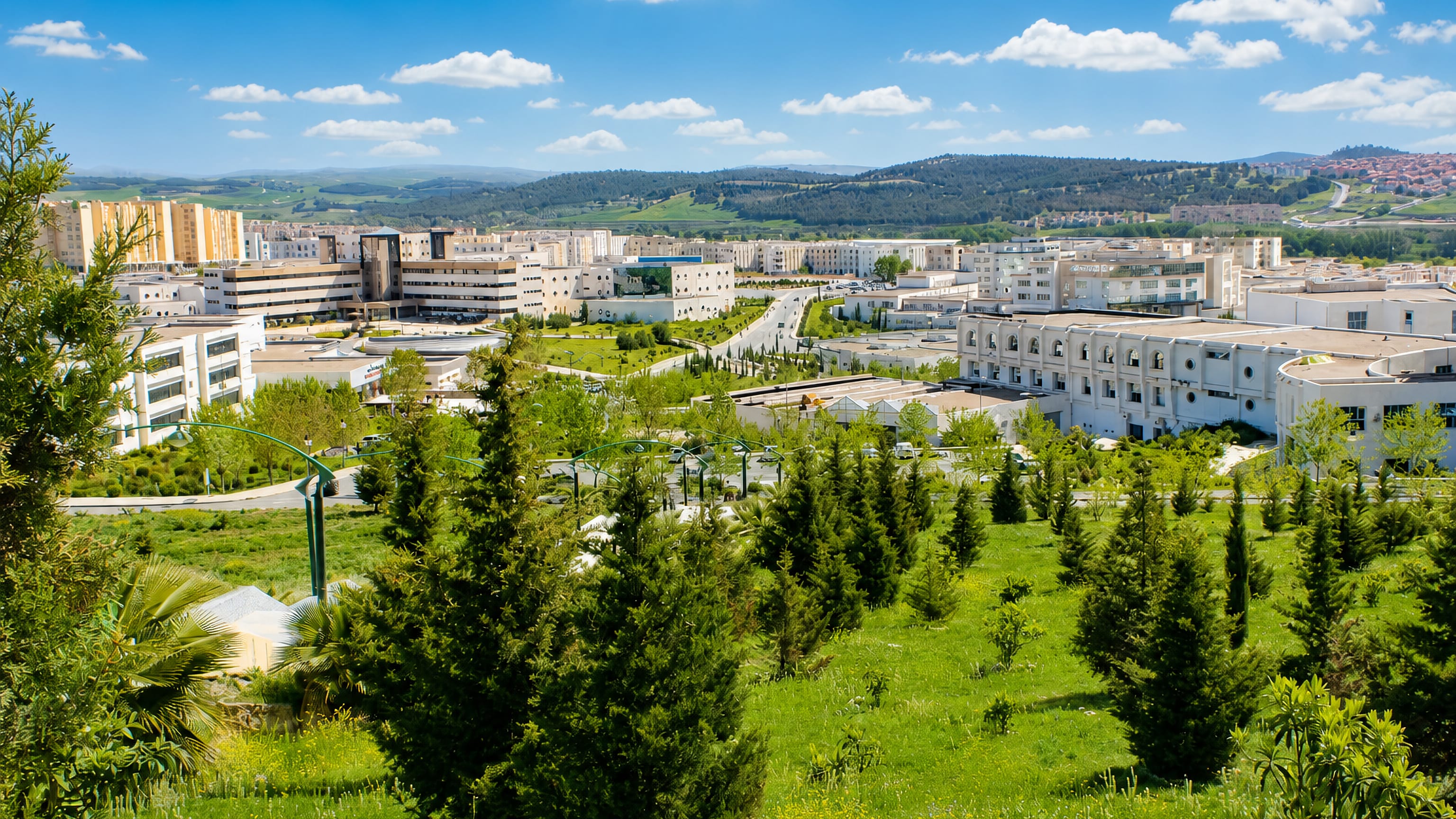 Modern white campus and housing blocks spread across green hills on the outskirts of Setif, Algeria.