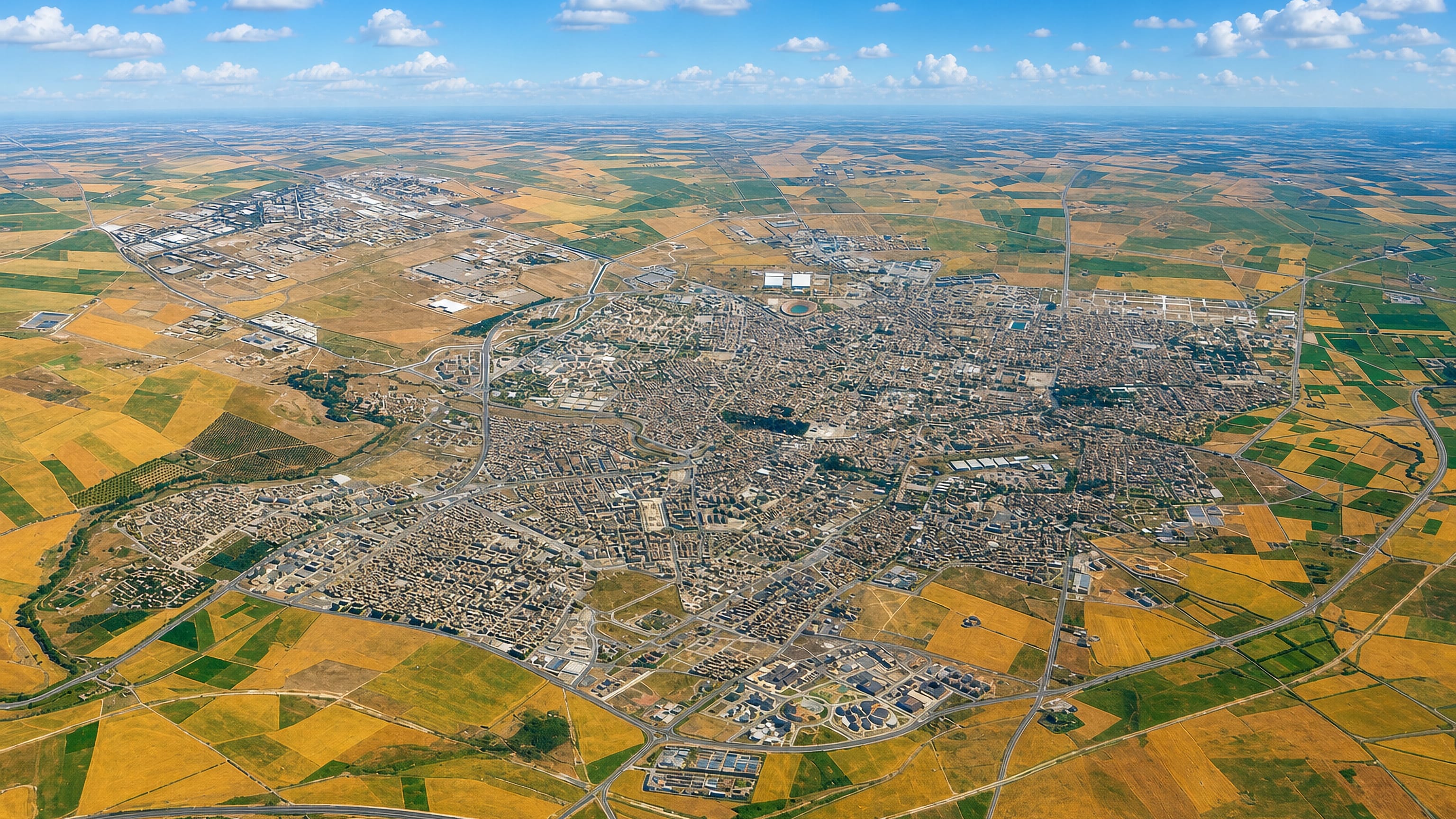 Aerial view of Sidi Bel Abbes spread across a flat plain ringed by patchwork farmland in northwest Algeria.