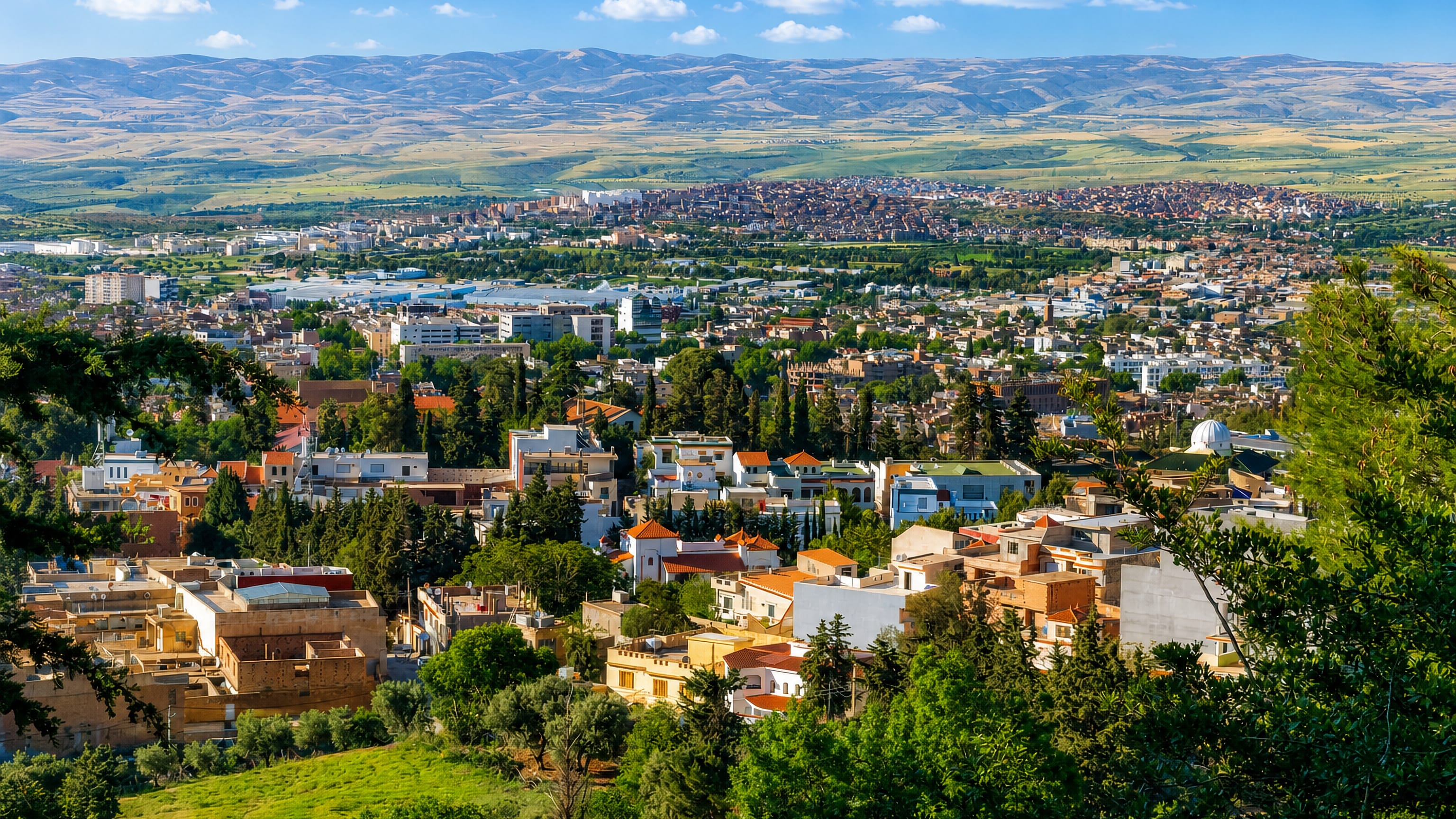 Tlemcen, Algeria seen from the hills above, red-roofed houses spreading across a green valley below mountains.