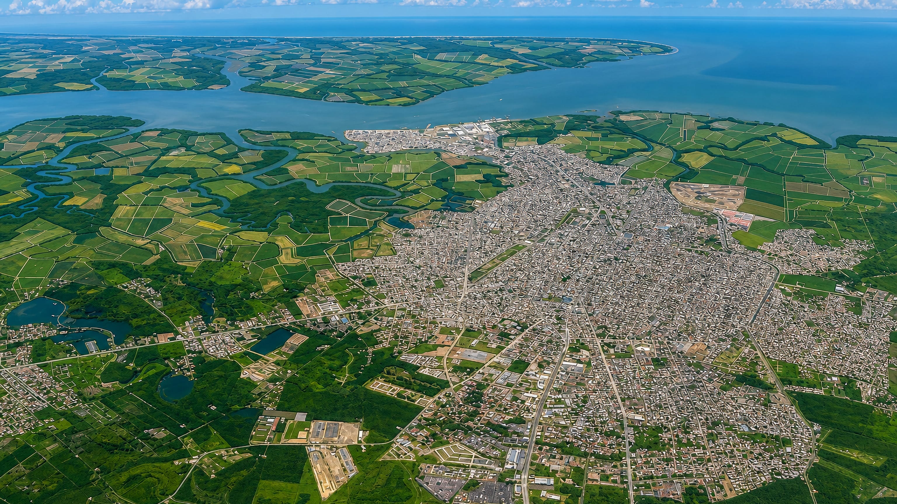 Aerial view of Machala spreading between banana plantations and the mangrove channels of the Gulf of Guayaquil.