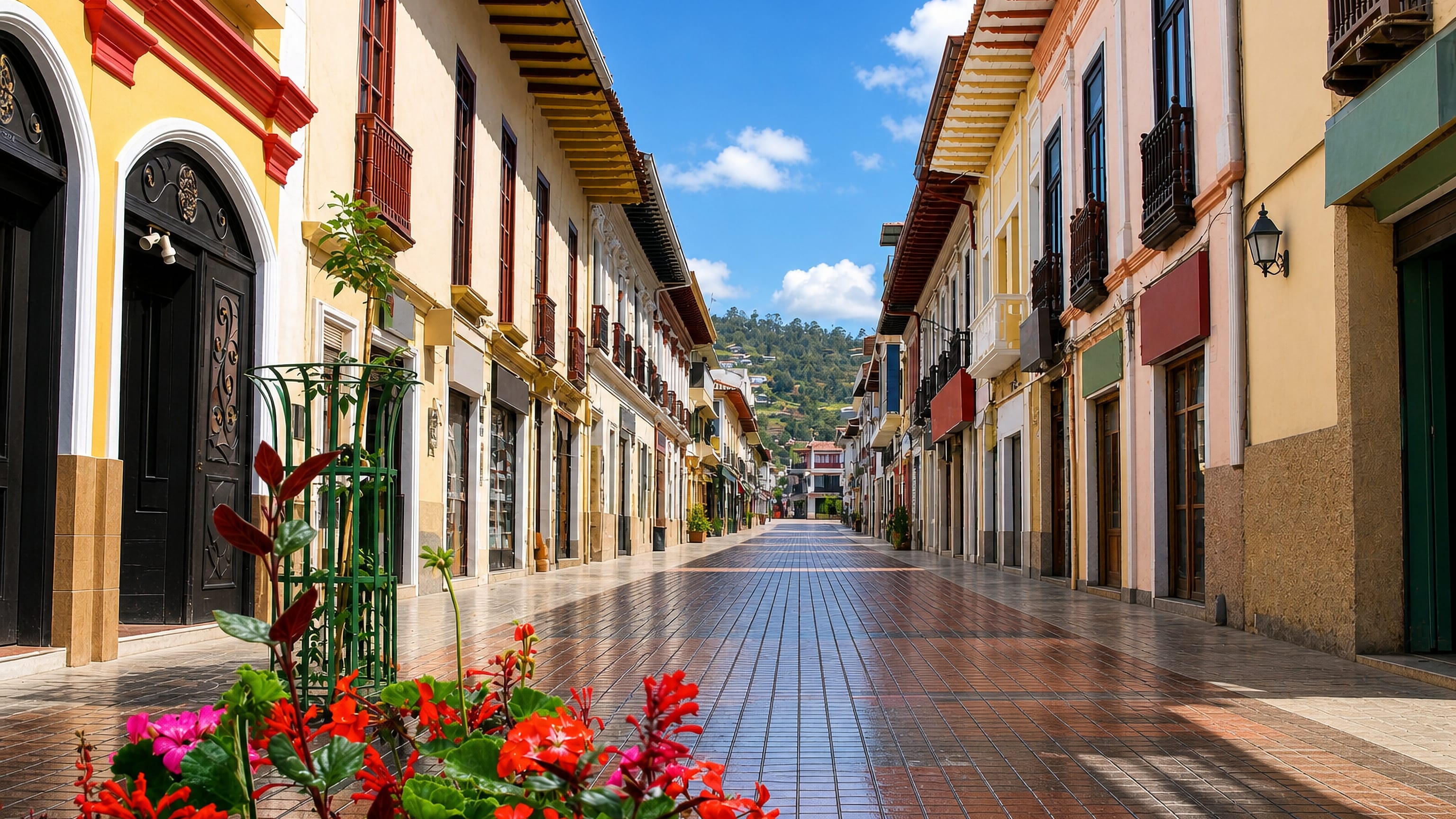Colourful colonial facades and wooden balconies along a tiled pedestrian street in Loja, Ecuador.