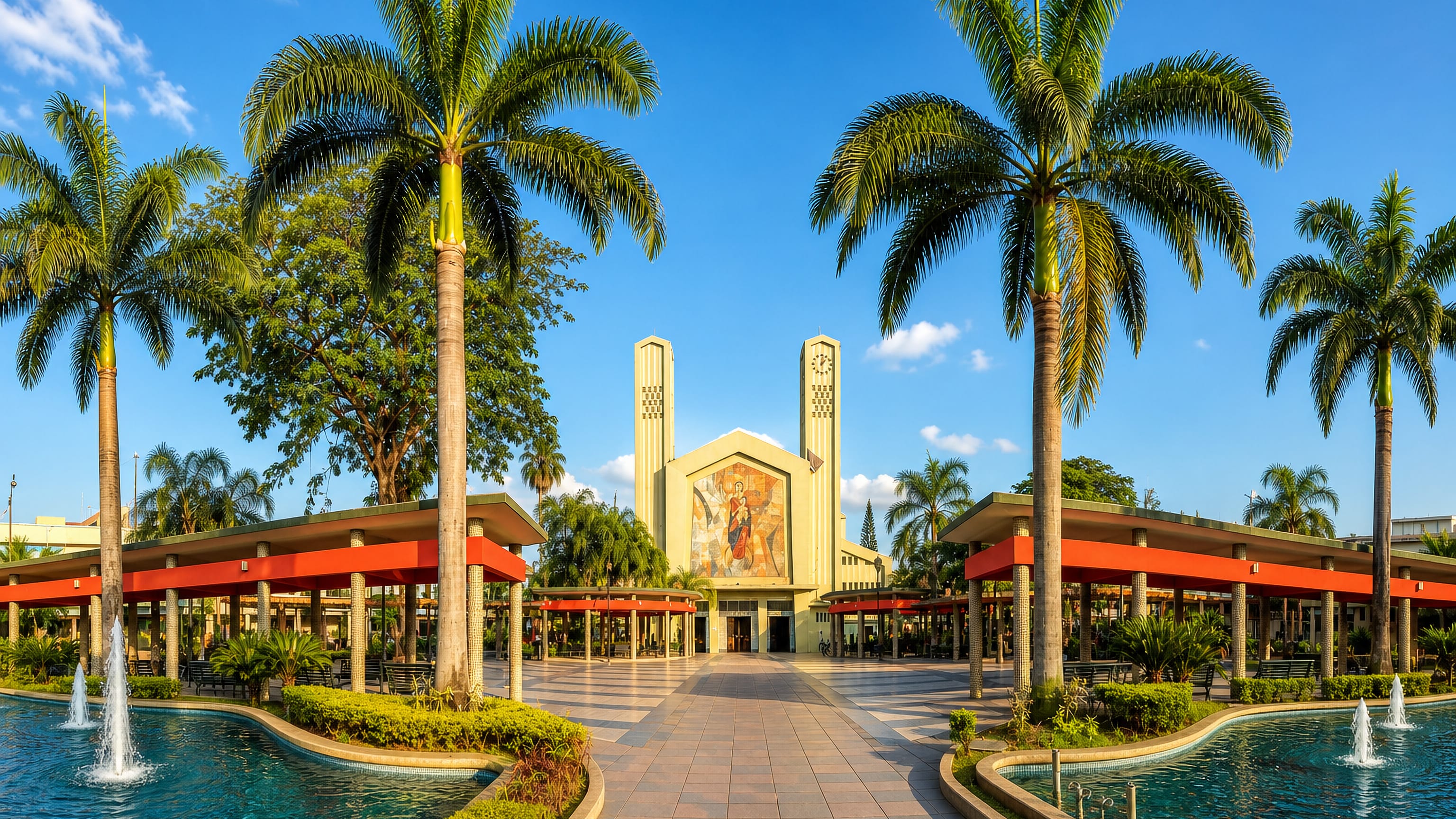 Palm-lined plaza with fountains before Babahoyo's twin-towered modernist cathedral, Los Rios, Ecuador.