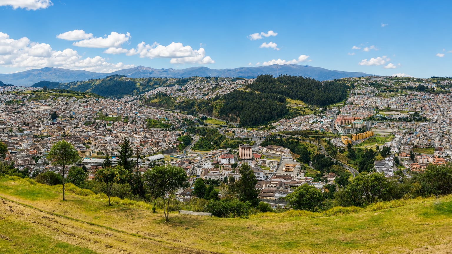 Quito spread across Andean hillsides and valleys beneath mountain ranges, seen from a grassy ridge