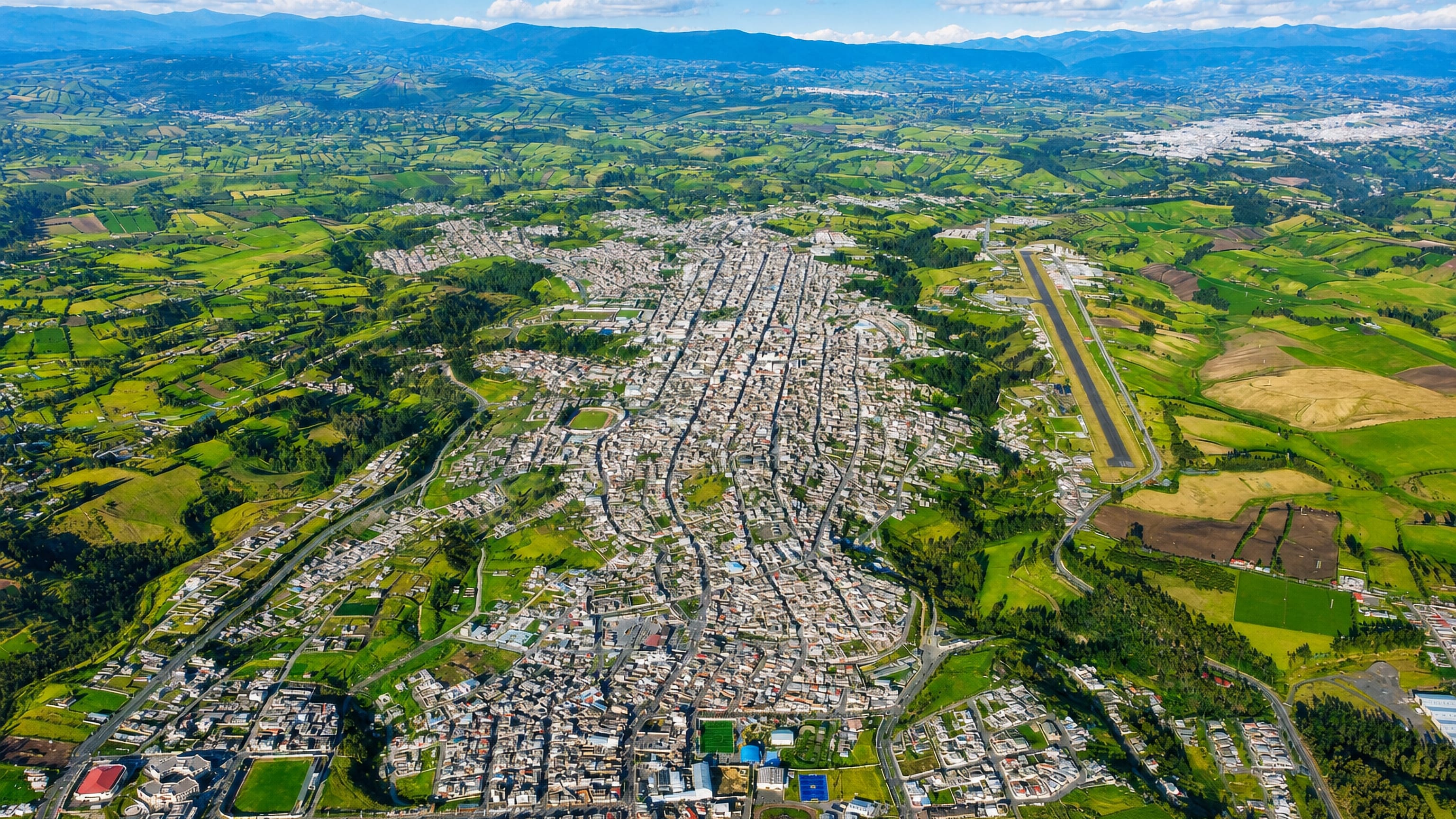 Aerial view of Tulcan, Ecuador, its dense grid spreading across green Andean farmland beside the airport runway.