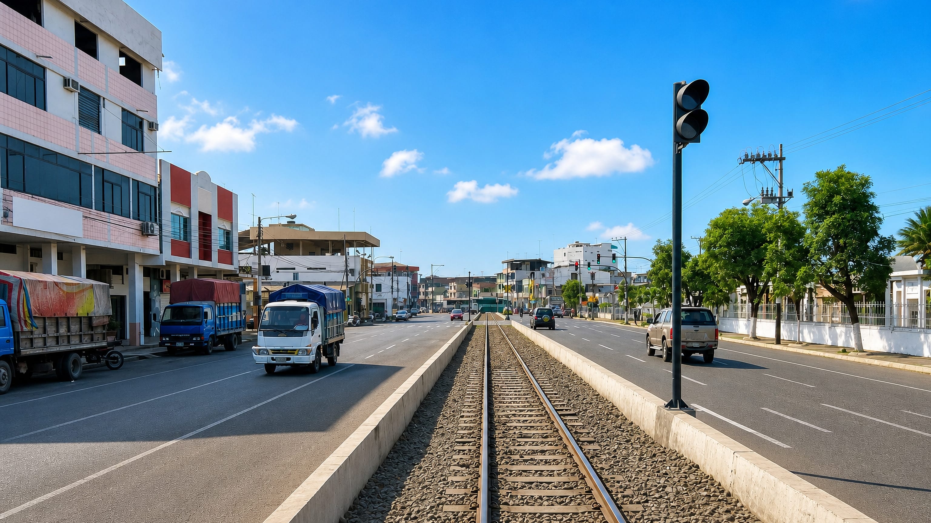 Railway line running down the median of a wide avenue lined with low shops and trucks in Milagro, Ecuador.