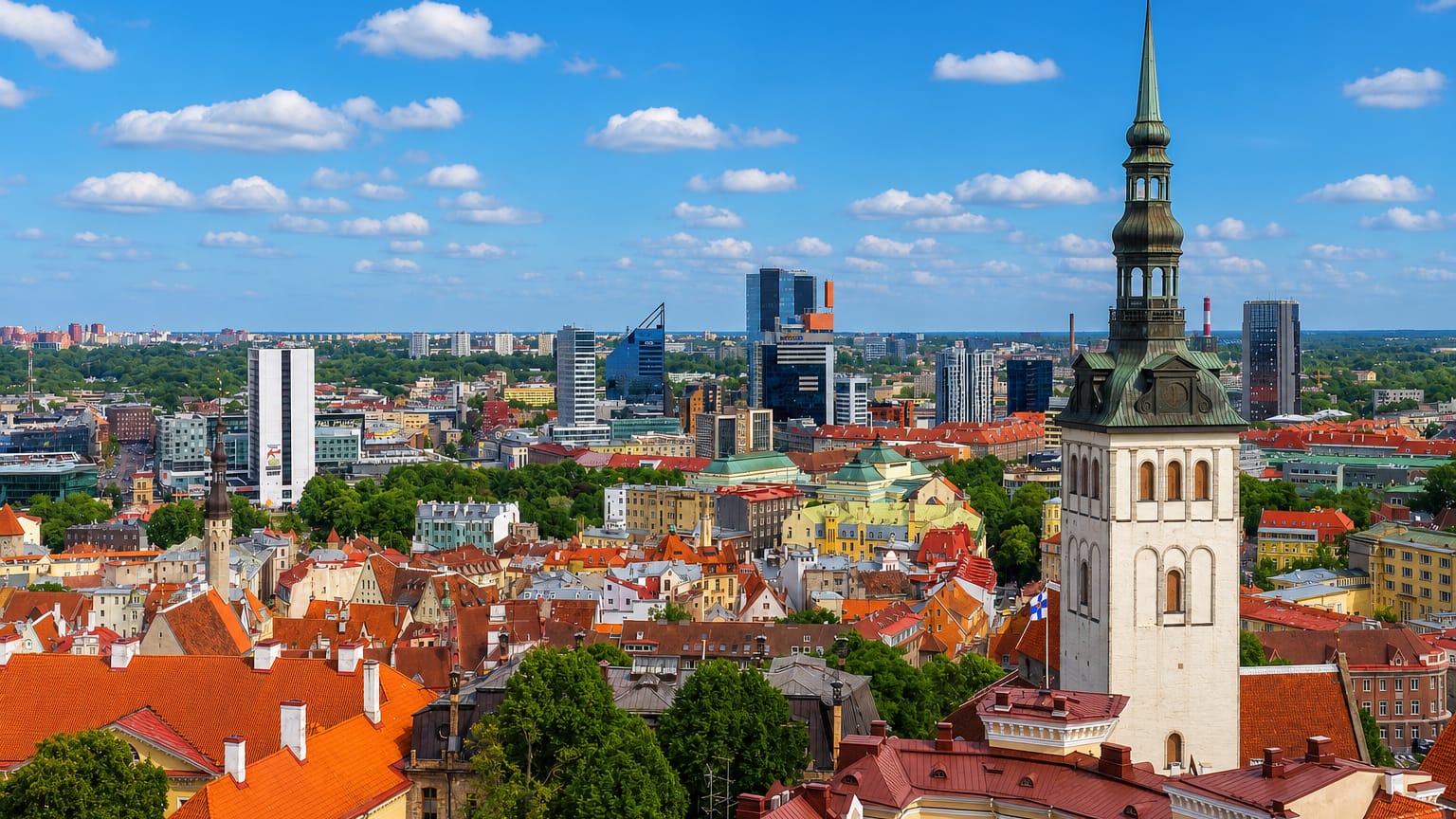 Tallinn Old Town rooftops with St. Olaf's church tower and the modern business-district skyline beyond