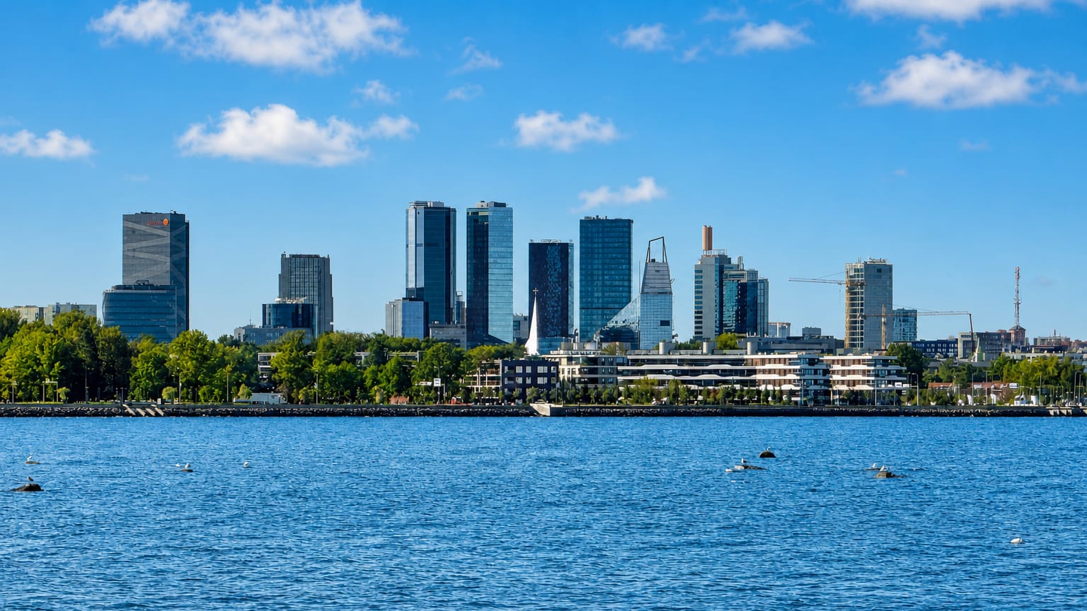 Tallinn's Kesklinn central business district skyline of glass towers seen across the water
