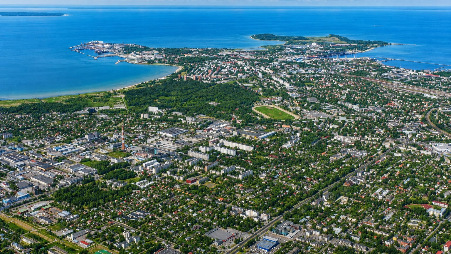 Aerial daytime view of Põhja-Tallinn, a coastal district with a bay, beach, port peninsula and dense urban sprawl under a blue sky.